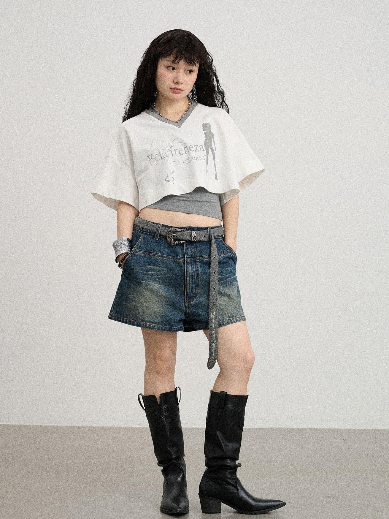 Achihara Puff Shoulder V-neck Cropped Loose Women'S Cotton Blend Short Sleeve T-Shirts