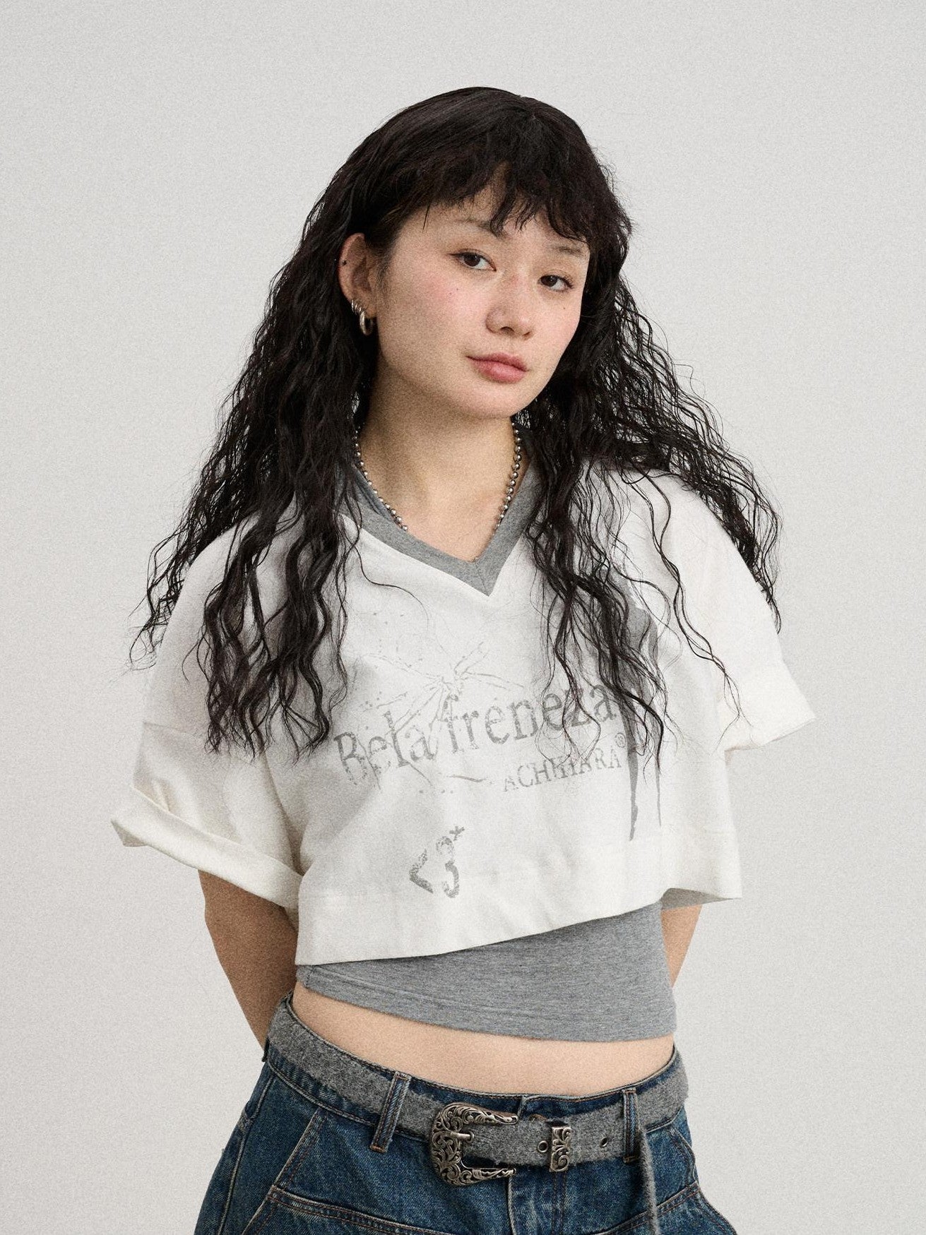 Achihara Puff Shoulder V-neck Cropped Loose Women'S Cotton Blend Short Sleeve T-Shirts