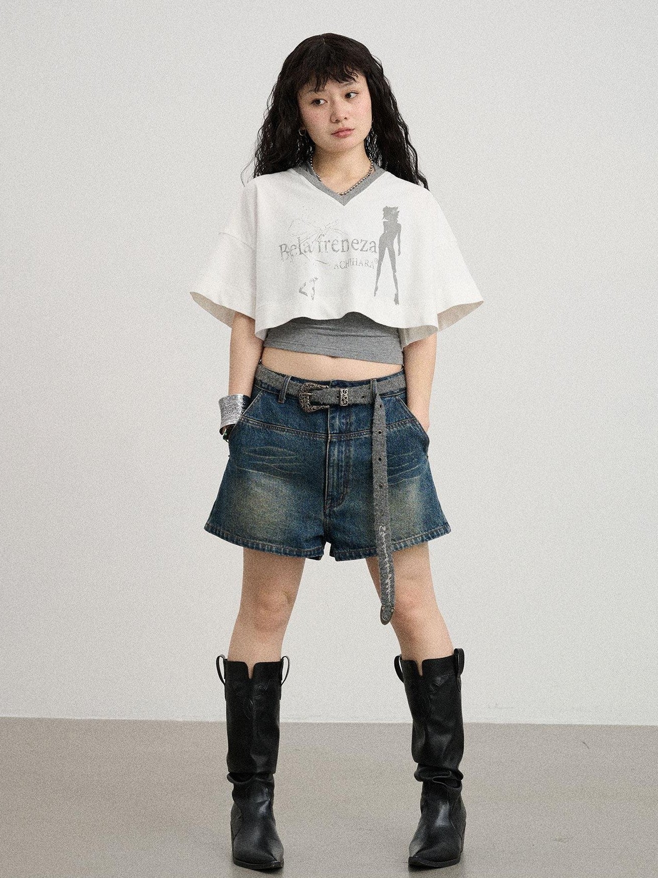 Achihara Puff Shoulder V-neck Cropped Loose Women'S Cotton Blend Short Sleeve T-Shirts
