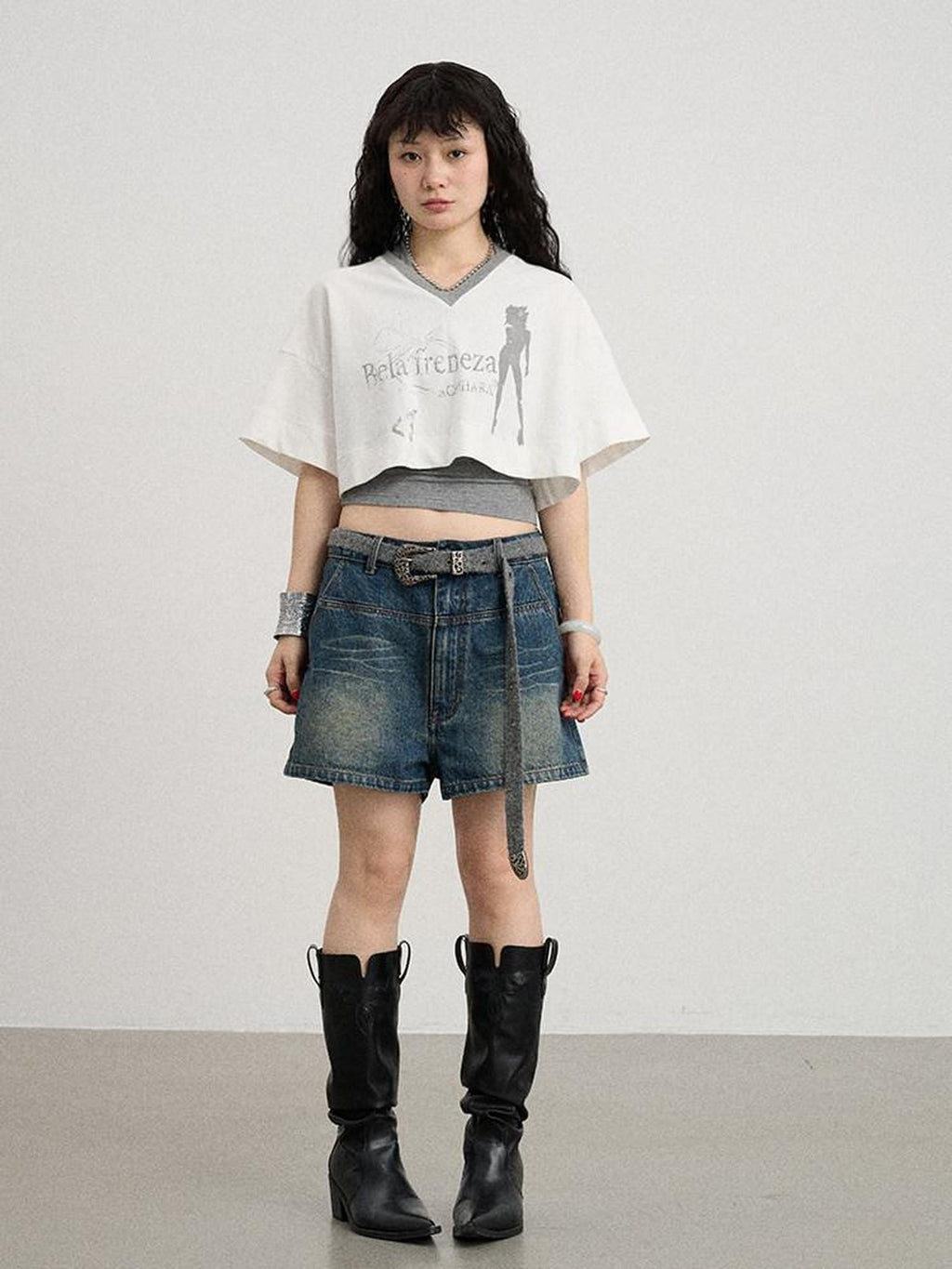 Achihara Puff Shoulder V-neck Cropped Loose Women'S Cotton Blend Short Sleeve T-Shirts