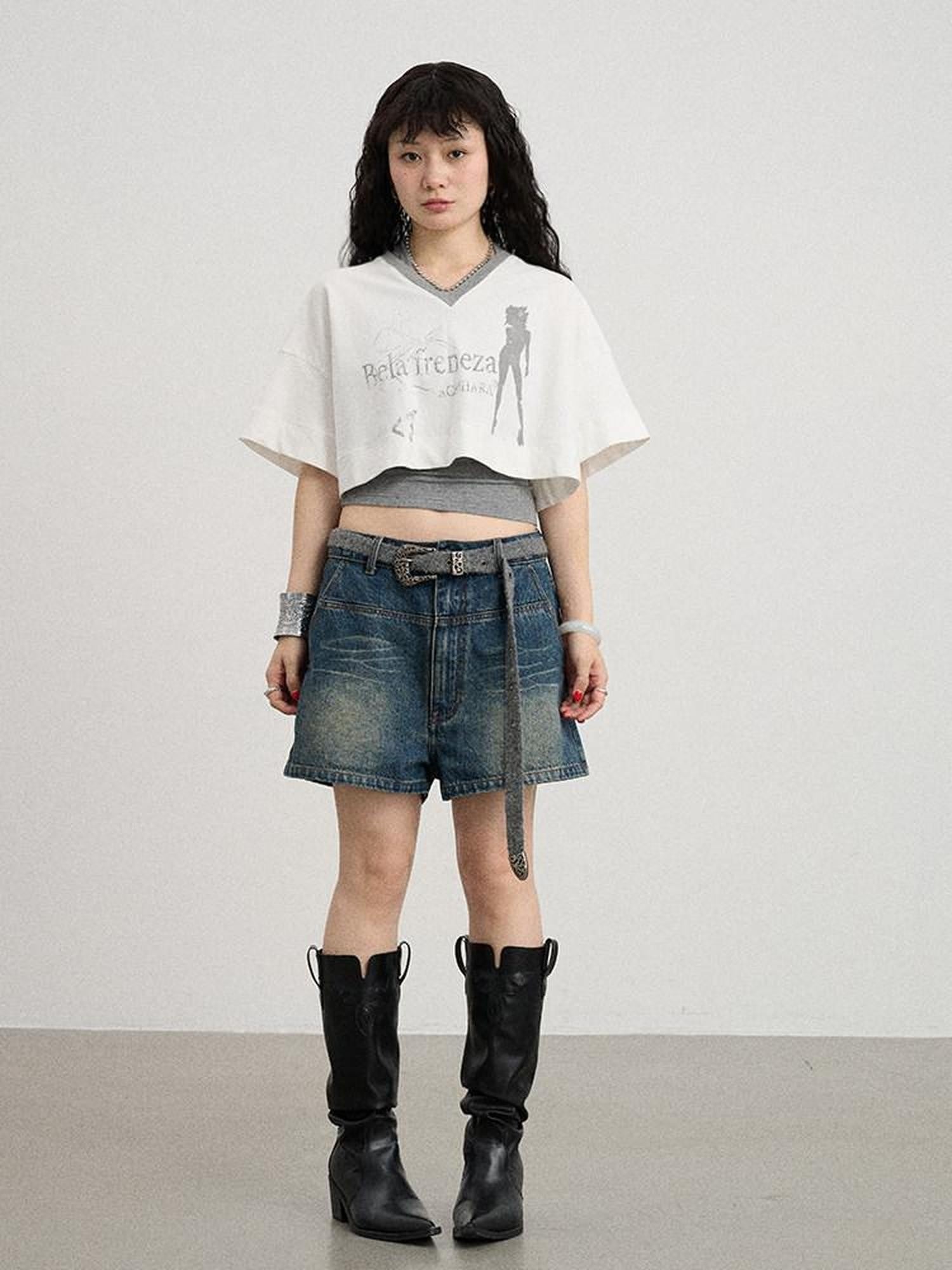 Achihara Puff Shoulder V-neck Cropped Loose Women'S Cotton Blend Short Sleeve T-Shirts