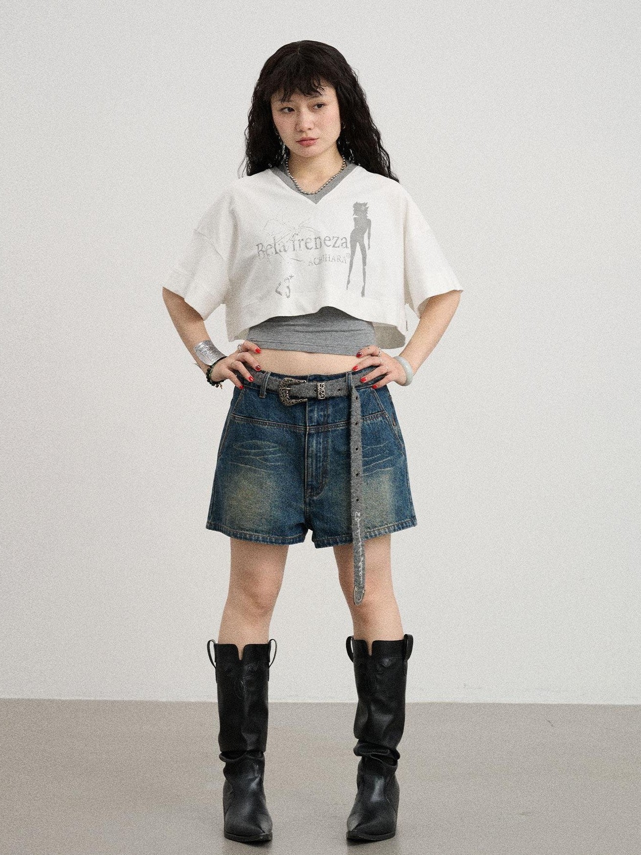Achihara Puff Shoulder V-neck Cropped Loose Women'S Cotton Blend Short Sleeve T-Shirts