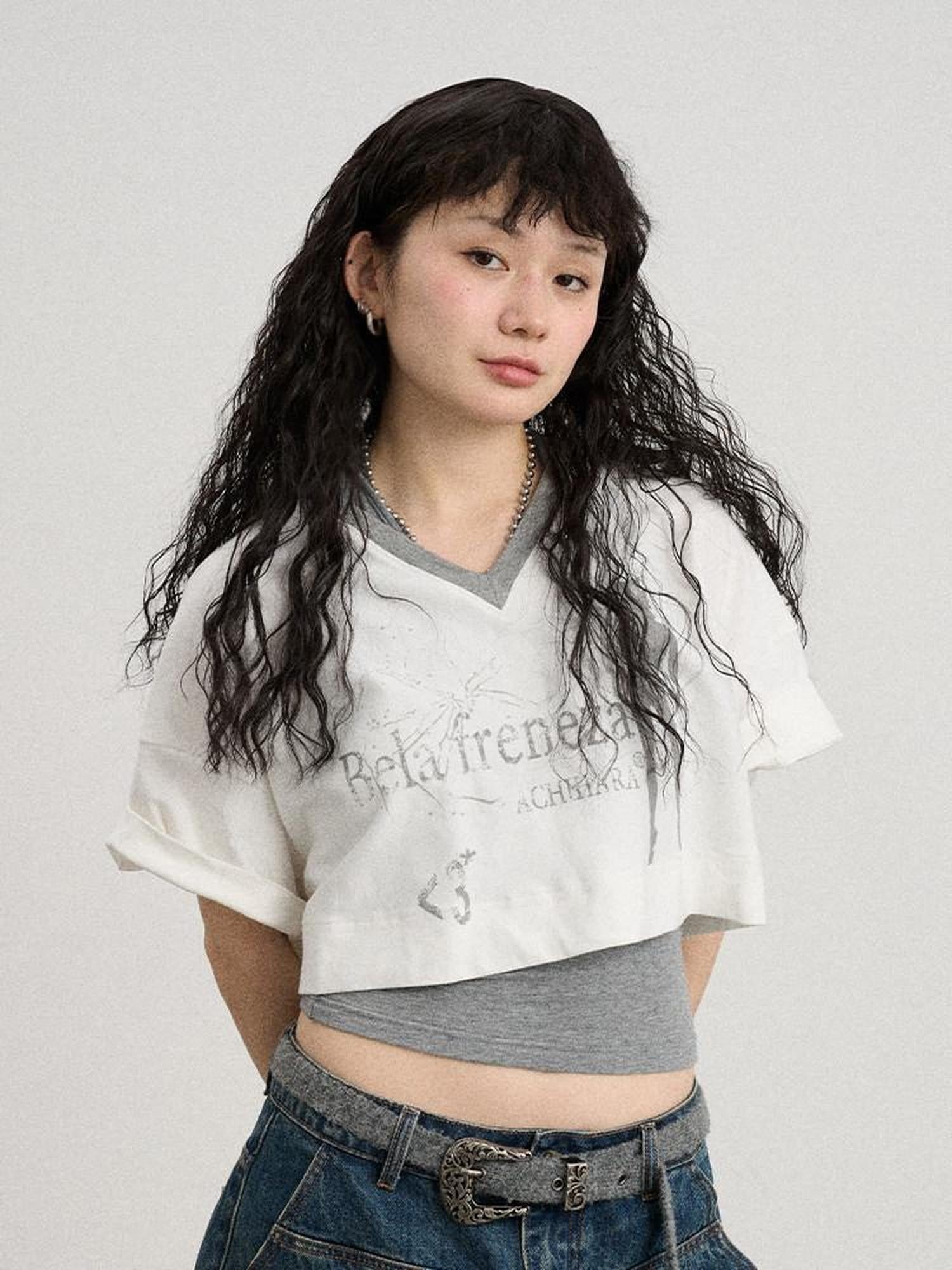 Achihara Puff Shoulder V-neck Cropped Loose Women'S Cotton Blend Short Sleeve T-Shirts