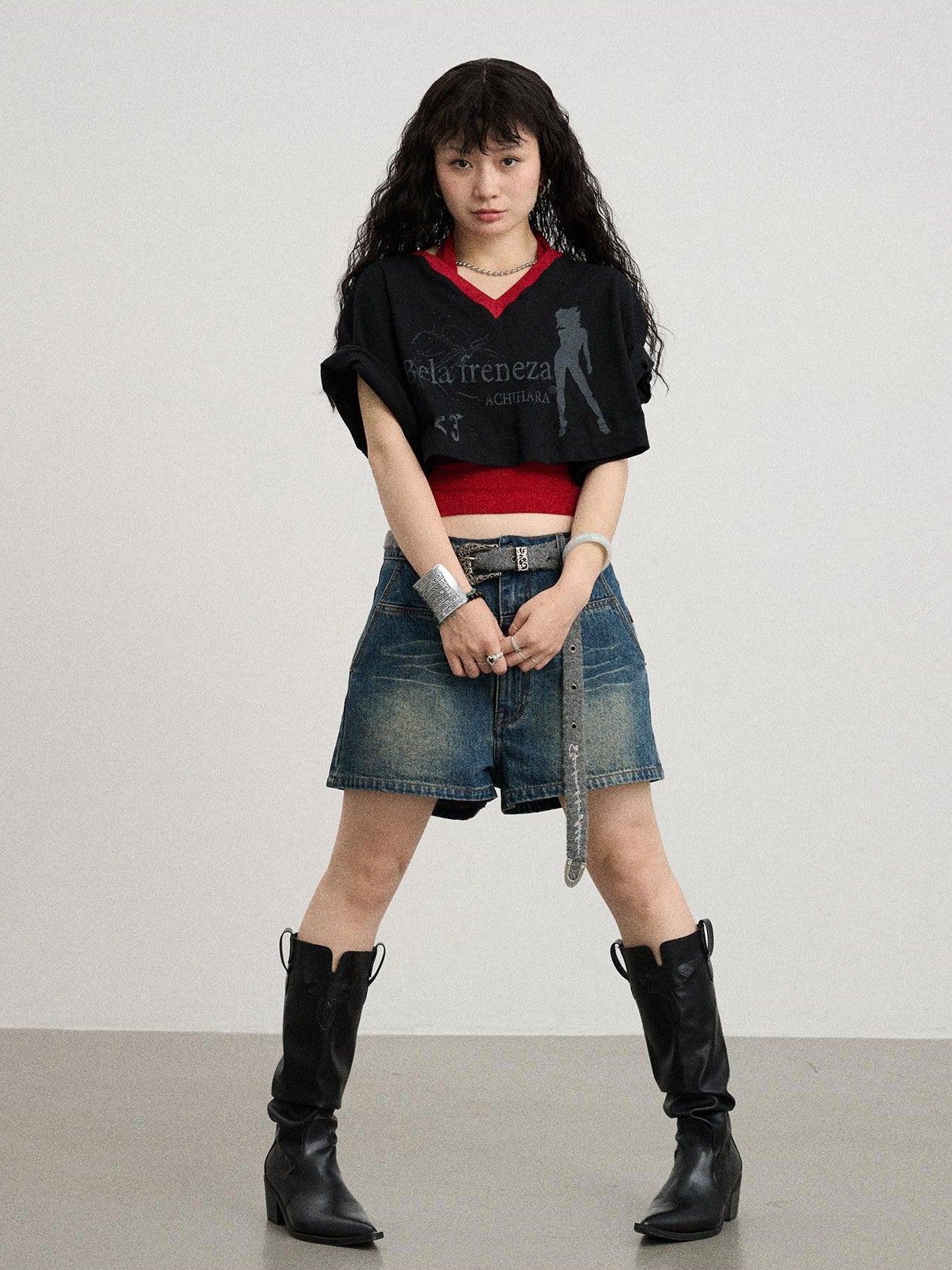 Achihara Puff Shoulder V-neck Cropped Loose Women'S Cotton Blend Short Sleeve T-Shirts