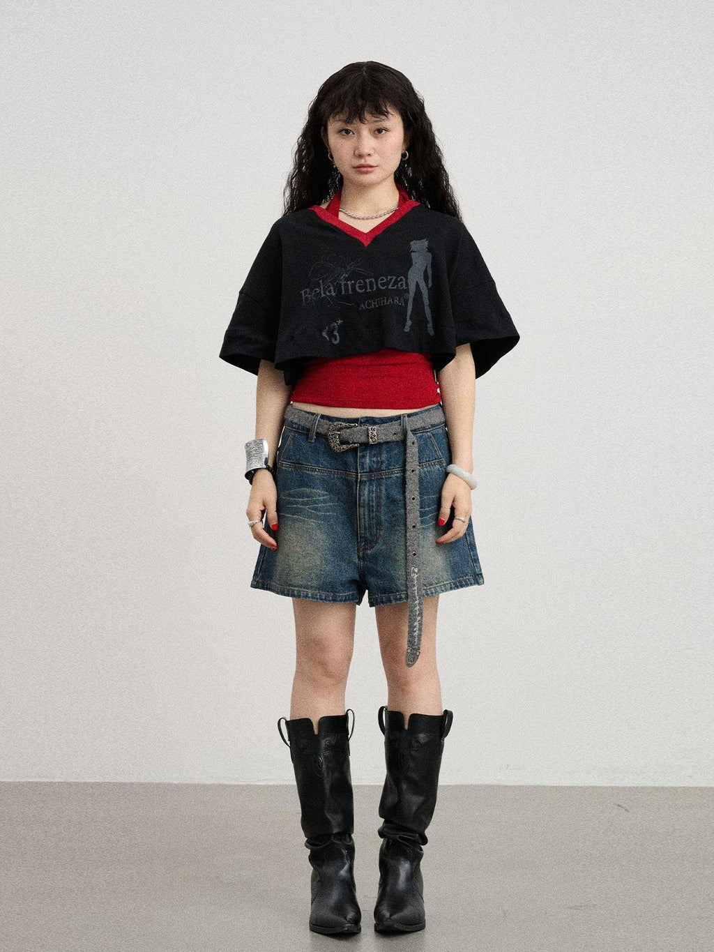 Achihara Puff Shoulder V-neck Cropped Loose Women'S Cotton Blend Short Sleeve T-Shirts