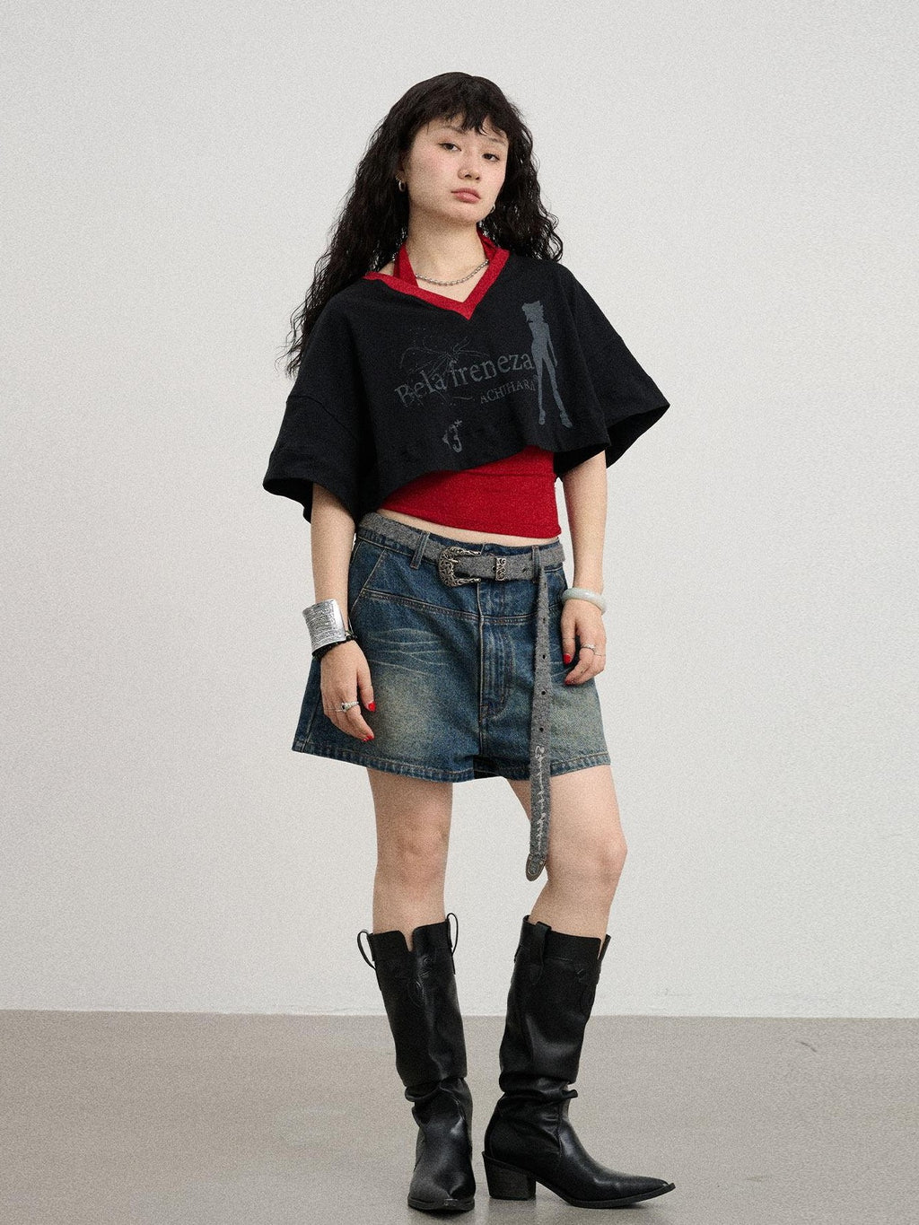 Achihara Puff Shoulder V-neck Cropped Loose Women'S Cotton Blend Short Sleeve T-Shirts