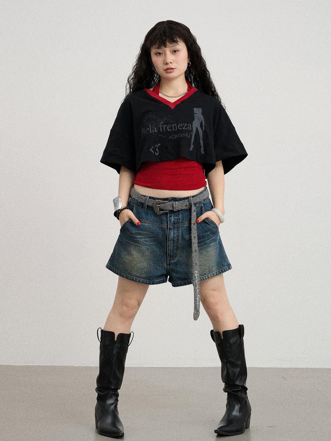 Achihara Puff Shoulder V-neck Cropped Loose Women'S Cotton Blend Short Sleeve T-Shirts