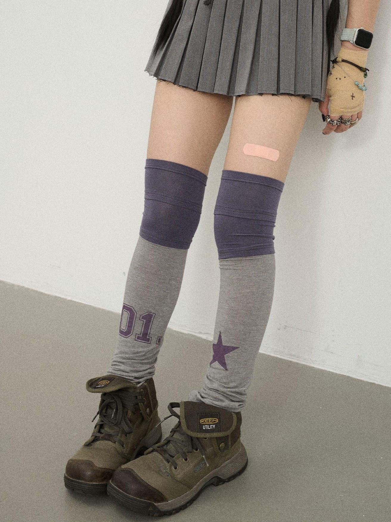 Achihara Purple Grey Star Print Colorblock Women'S Fleece Pile Socks
