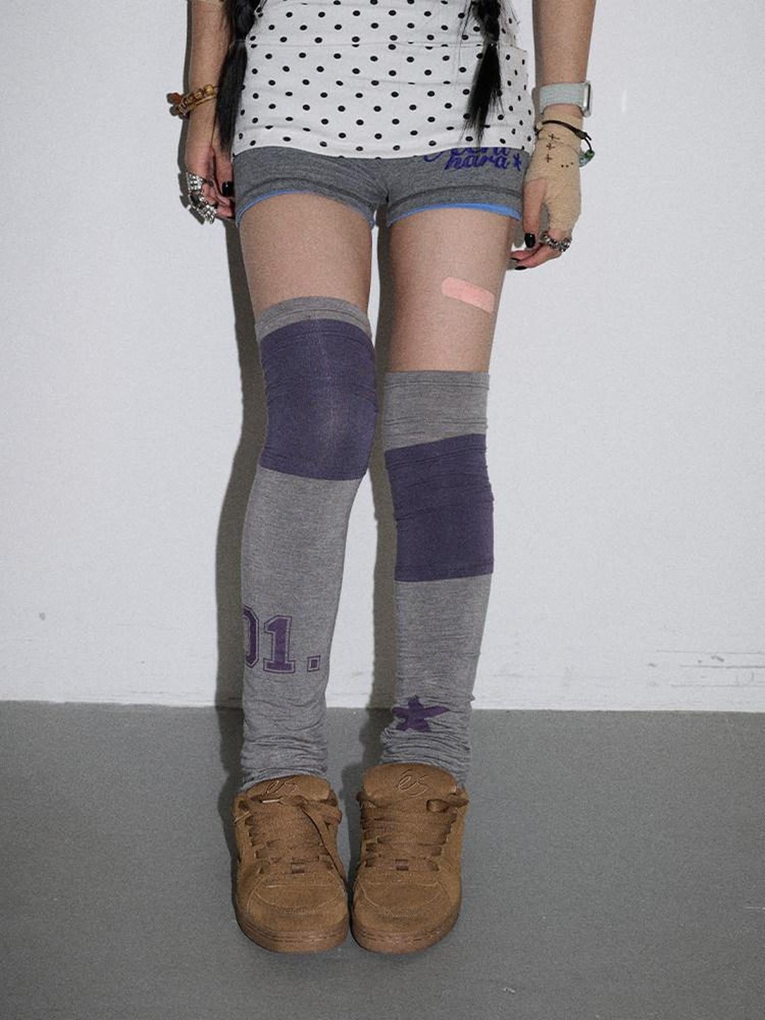 Achihara Purple Grey Star Print Colorblock Women'S Fleece Pile Socks