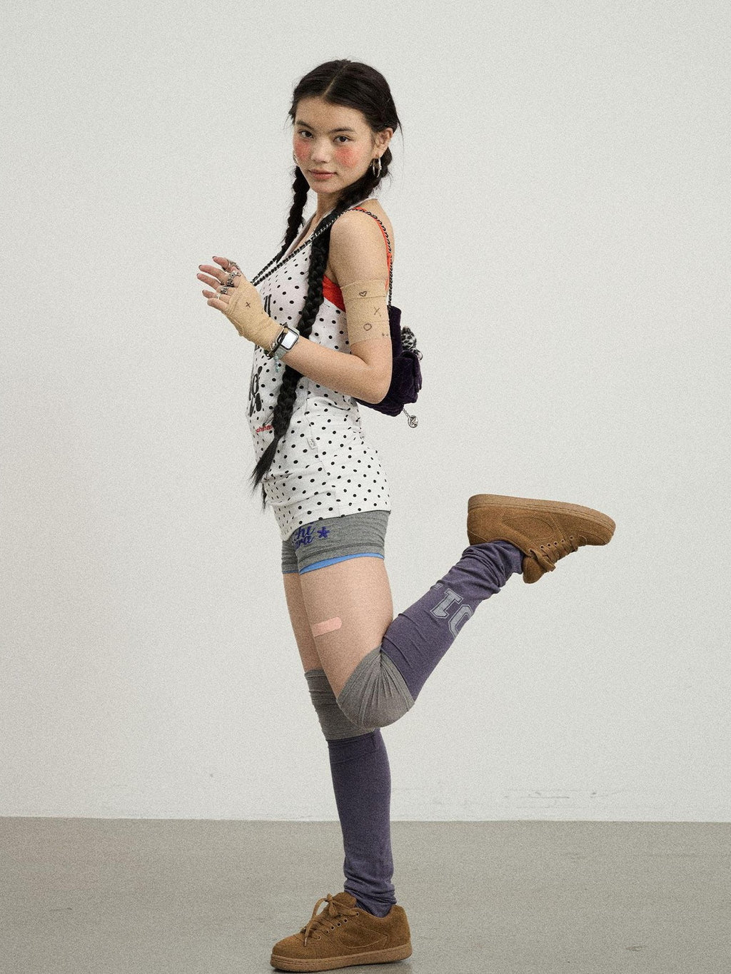 Achihara Purple Grey Star Print Colorblock Women'S Fleece Pile Socks
