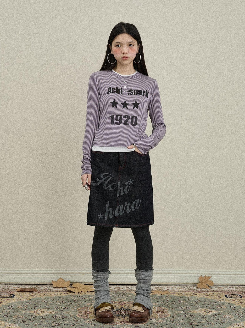Achihara Purple Striped Bell Sleeve Women'S Tencel Cotton Long Sleeve T-Shirts