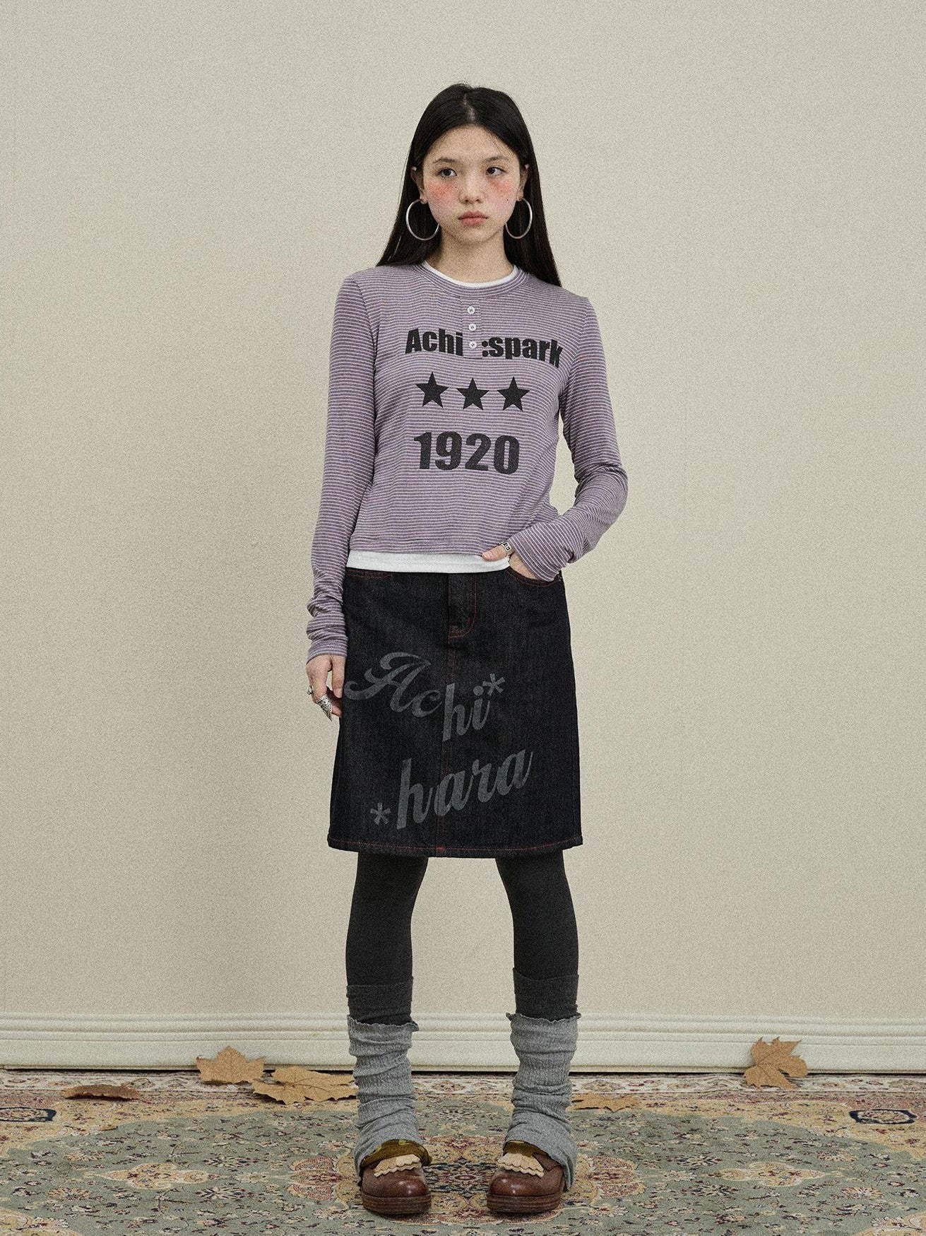 Achihara Purple Striped Bell Sleeve Women'S Tencel Cotton Long Sleeve T-Shirts