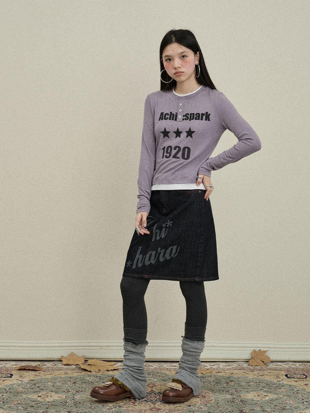 Achihara Purple Striped Bell Sleeve Women'S Tencel Cotton Long Sleeve T-Shirts