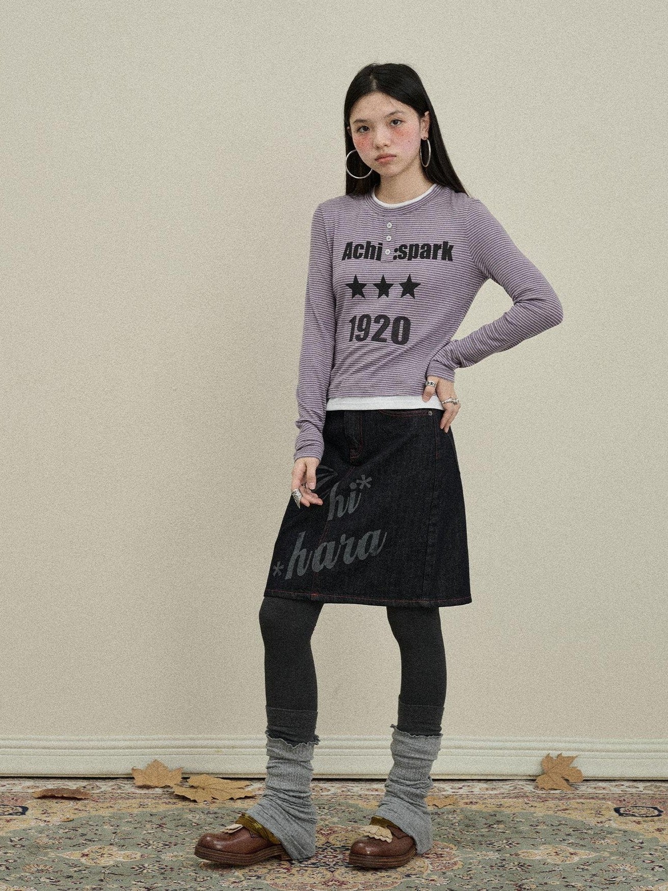 Achihara Purple Striped Bell Sleeve Women'S Tencel Cotton Long Sleeve T-Shirts