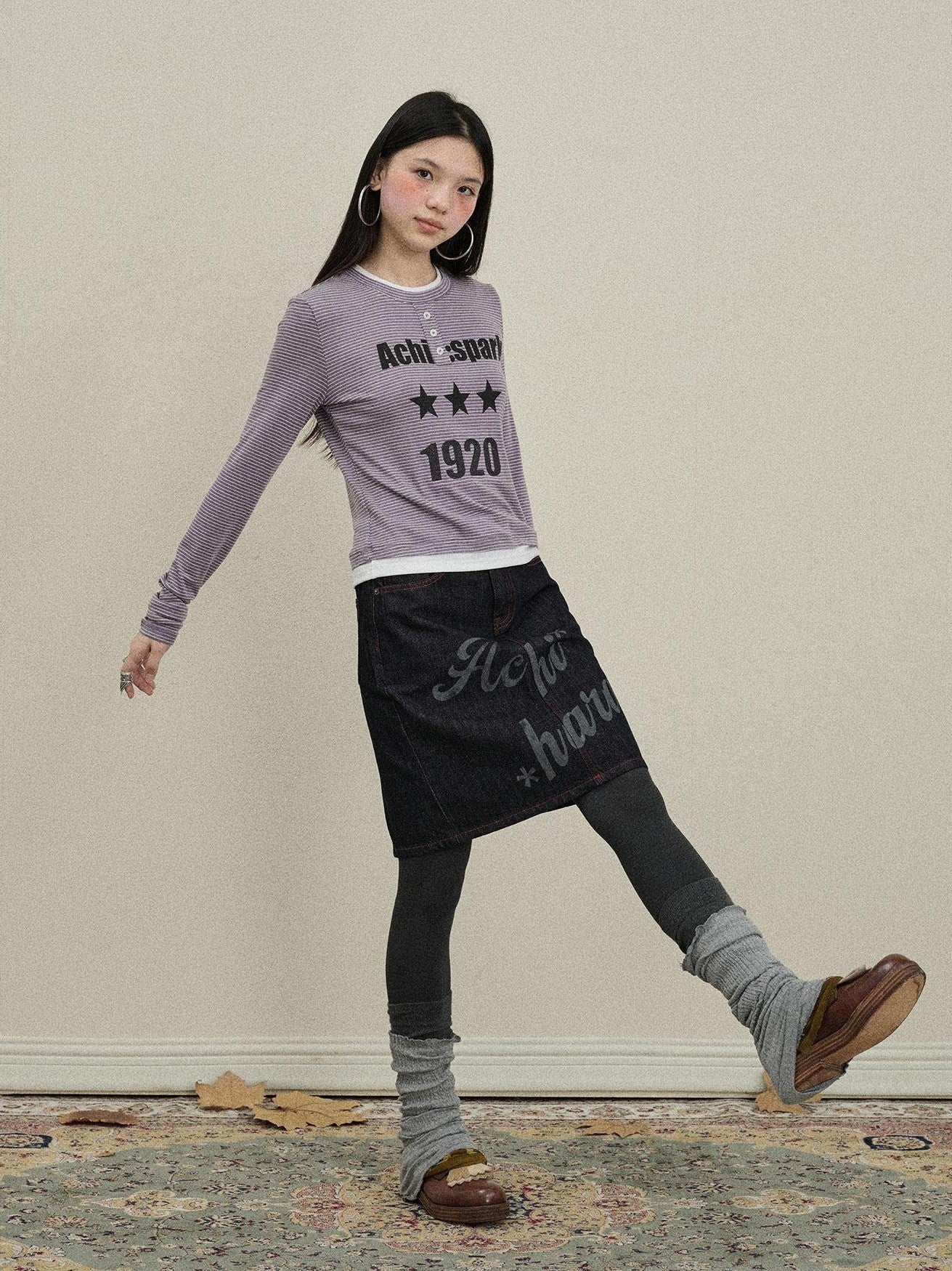 Achihara Purple Striped Bell Sleeve Women'S Tencel Cotton Long Sleeve T-Shirts