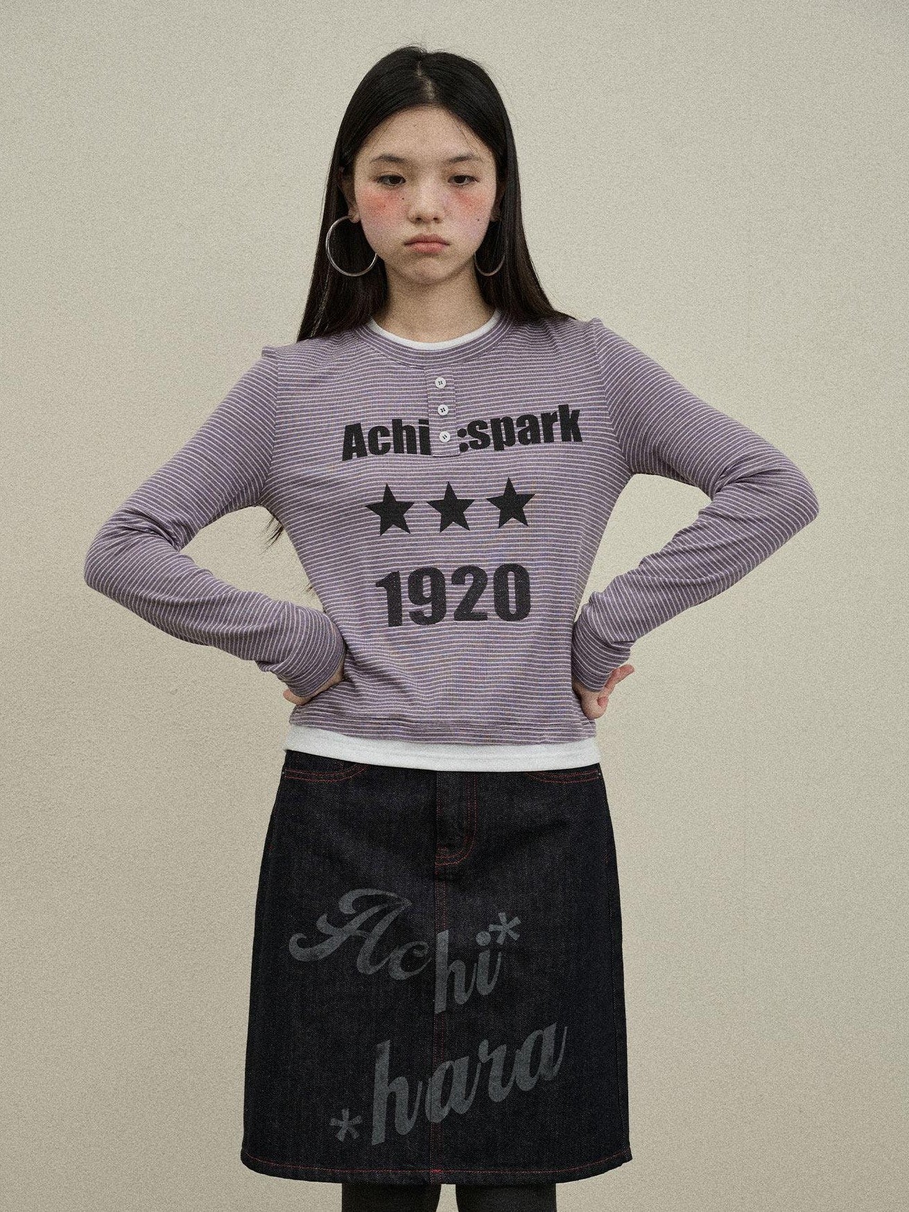 Achihara Purple Striped Bell Sleeve Women'S Tencel Cotton Long Sleeve T-Shirts