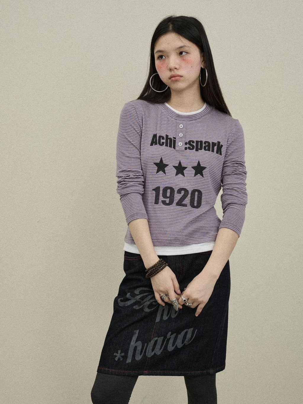 Achihara Purple Striped Bell Sleeve Women'S Tencel Cotton Long Sleeve T-Shirts
