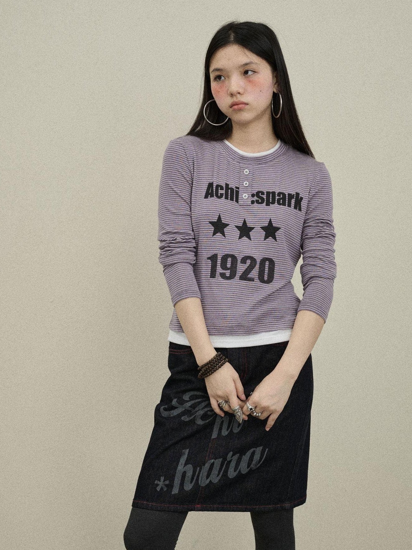 Achihara Purple Striped Bell Sleeve Women'S Tencel Cotton Long Sleeve T-Shirts