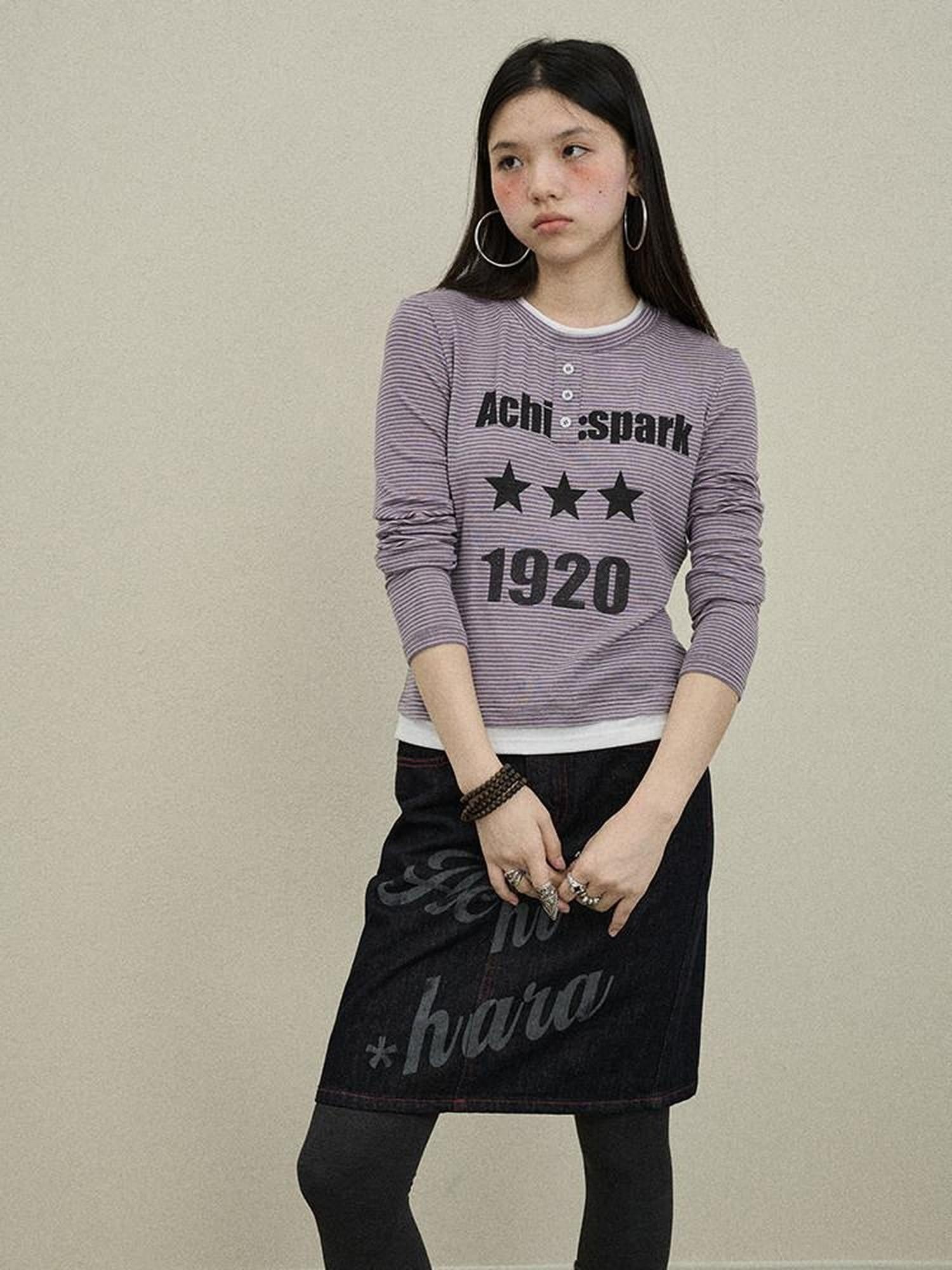 Achihara Purple Striped Bell Sleeve Women'S Tencel Cotton Long Sleeve T-Shirts
