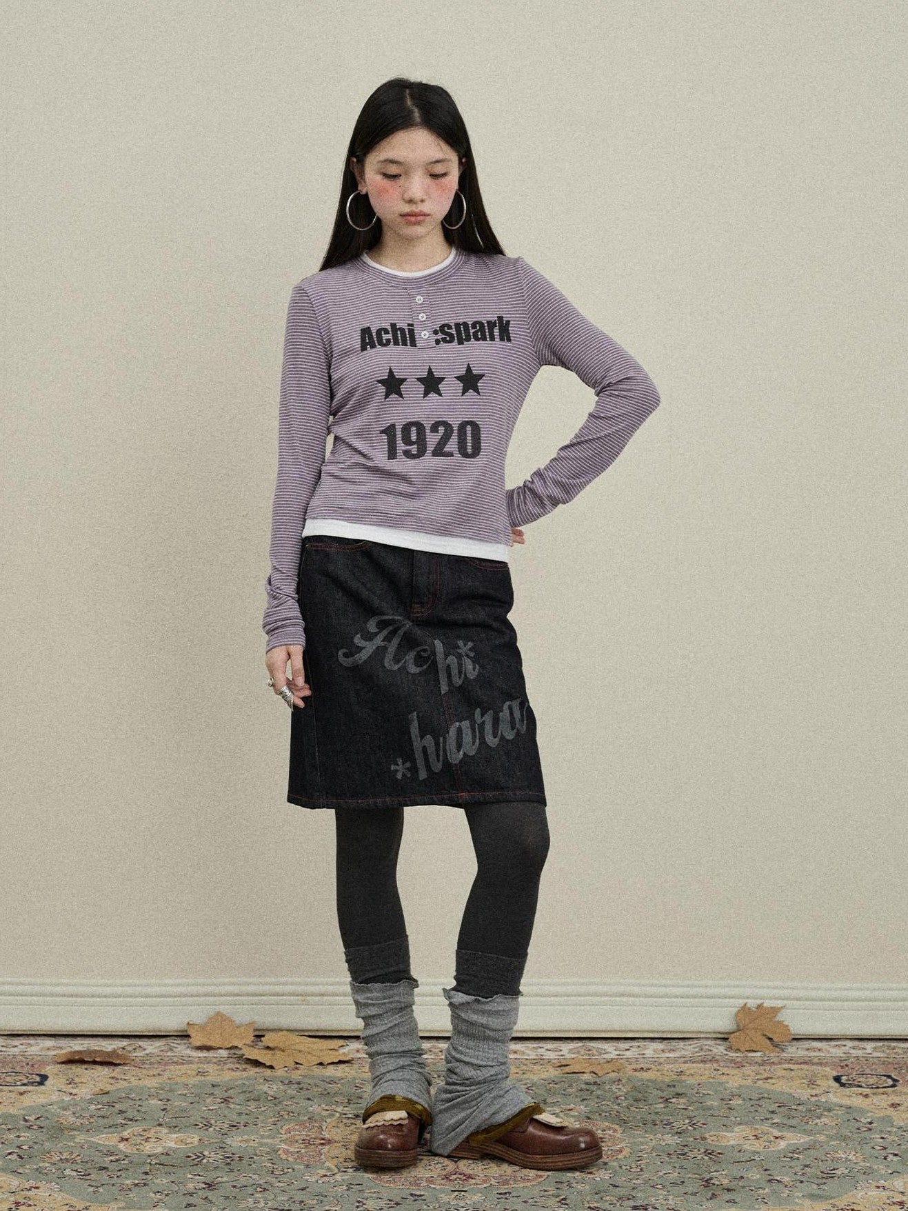 Achihara Purple Striped Bell Sleeve Women'S Tencel Cotton Long Sleeve T-Shirts