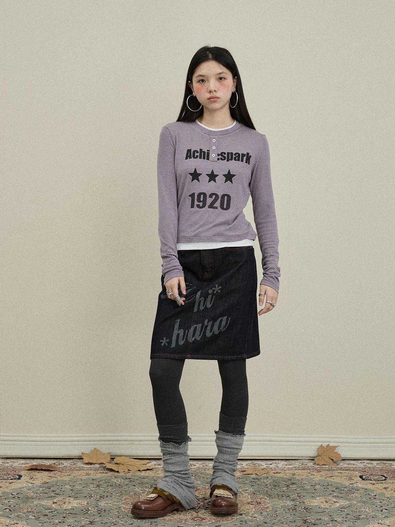 Achihara Purple Striped Bell Sleeve Women'S Tencel Cotton Long Sleeve T-Shirts