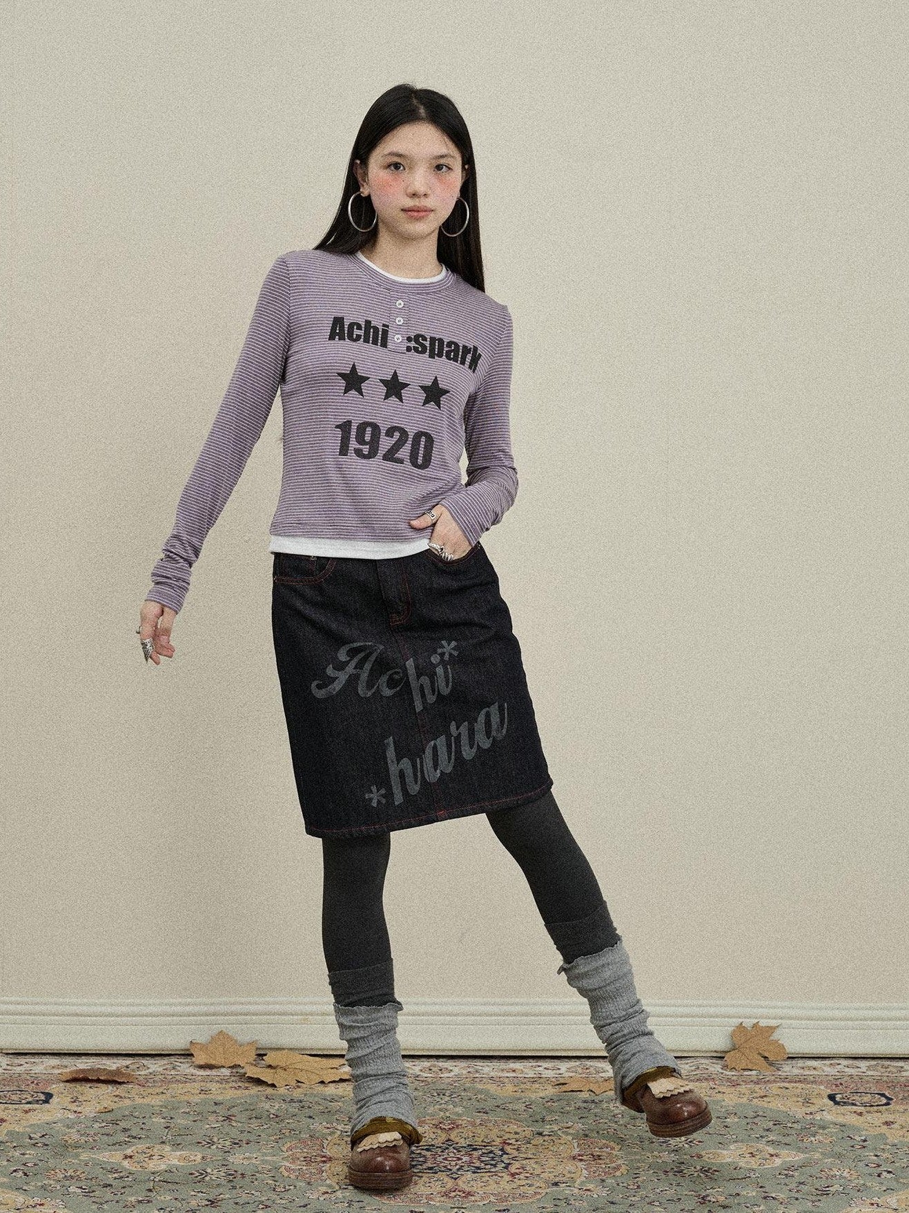 Achihara Purple Striped Bell Sleeve Women'S Tencel Cotton Long Sleeve T-Shirts