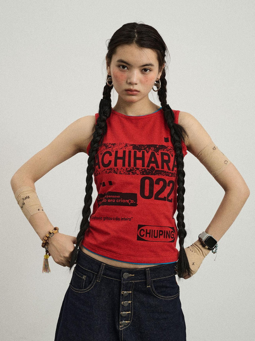 Achihara Retro Pixel Letter Print Cropped Racerback Women'S Cotton Blend Tank Tops