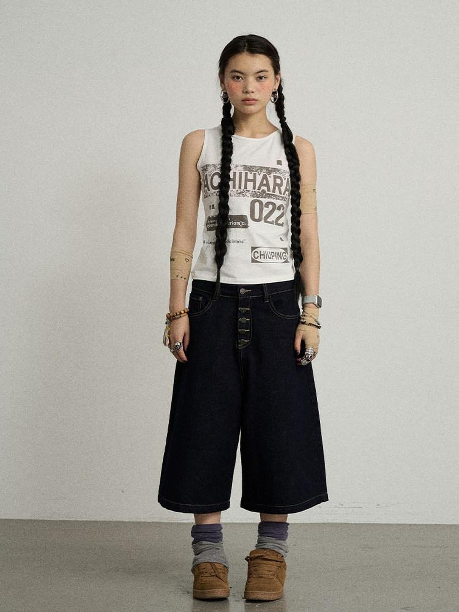 Achihara Retro Pixel Letter Print Cropped Racerback Women'S Cotton Blend Tank Tops