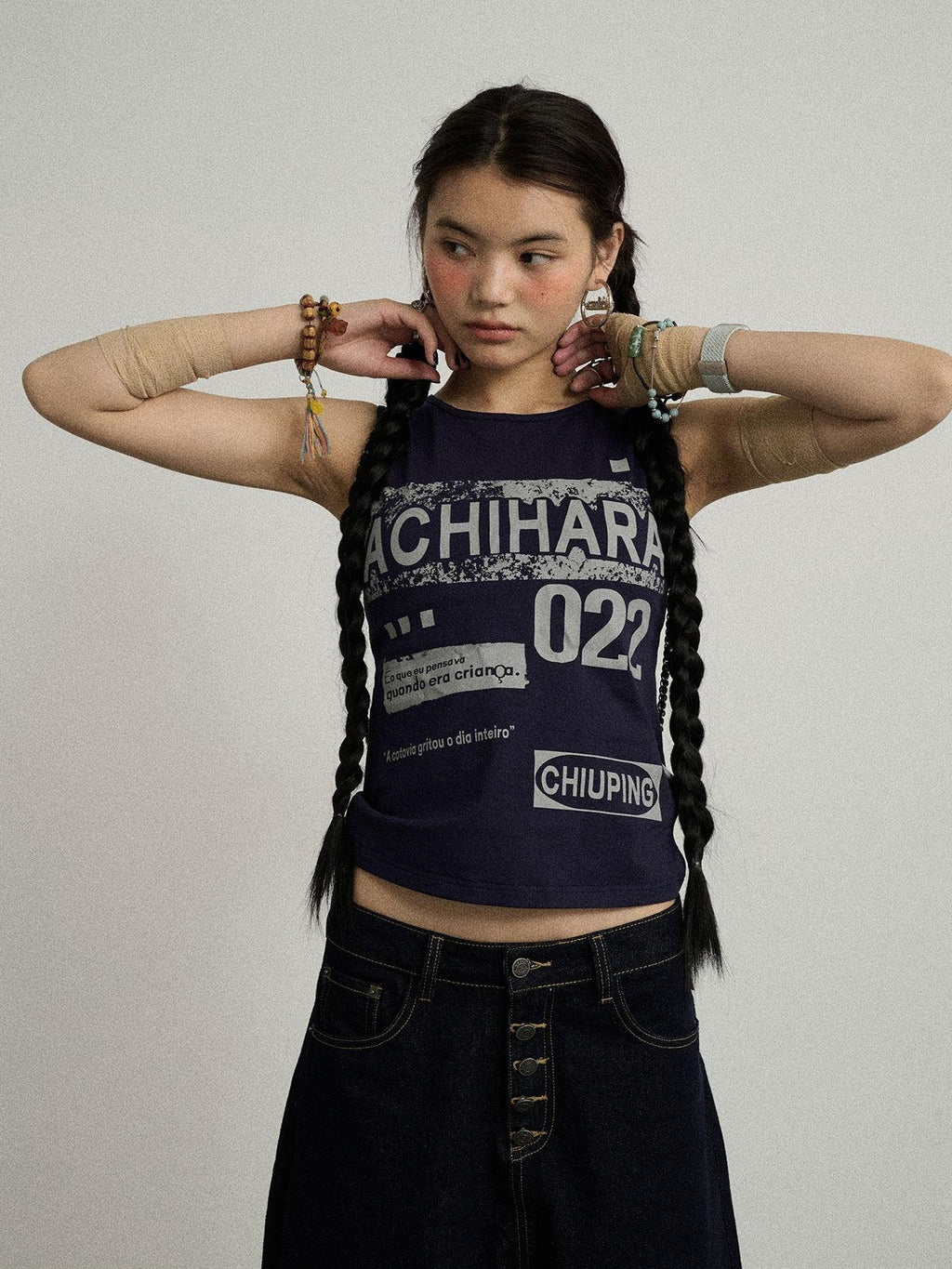 Achihara Retro Pixel Letter Print Cropped Racerback Women'S Cotton Blend Tank Tops