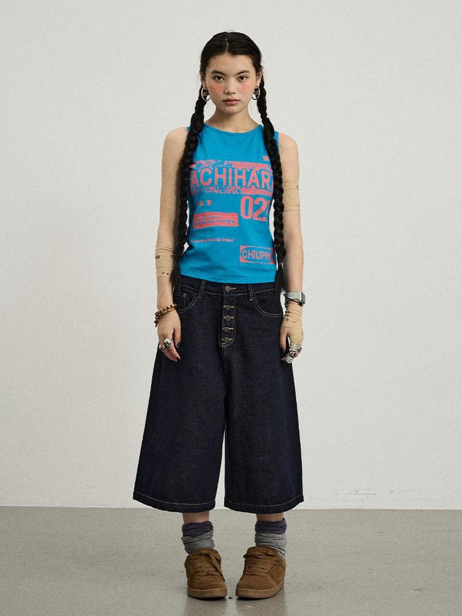Achihara Retro Pixel Letter Print Cropped Racerback Women'S Cotton Blend Tank Tops
