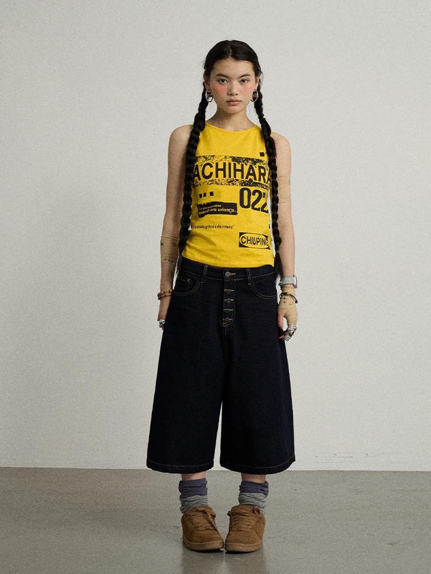 Achihara Retro Pixel Letter Print Cropped Racerback Women'S Cotton Blend Tank Tops