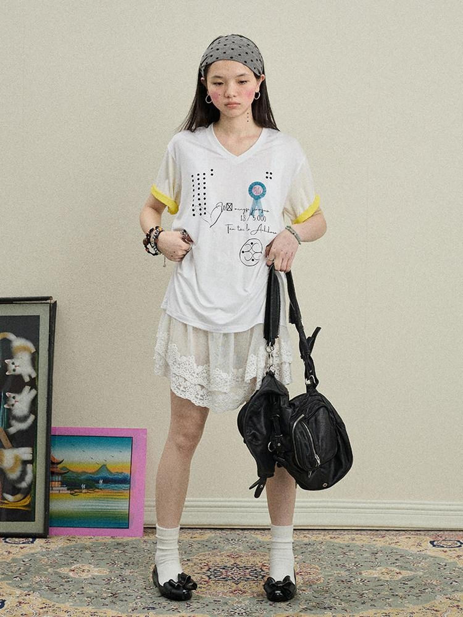 Achihara Rock Star Print V-neck Loose Women'S Lyocell Short Sleeve T-Shirts