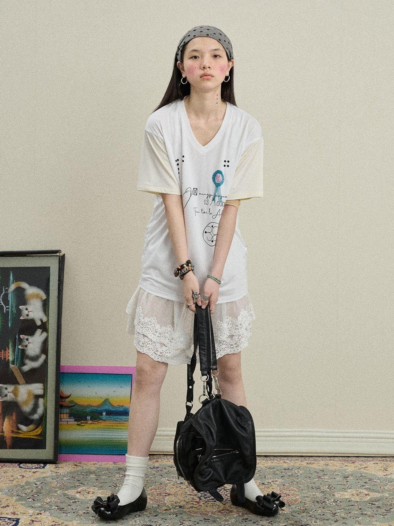 Achihara Rock Star Print V-neck Loose Women'S Lyocell Short Sleeve T-Shirts