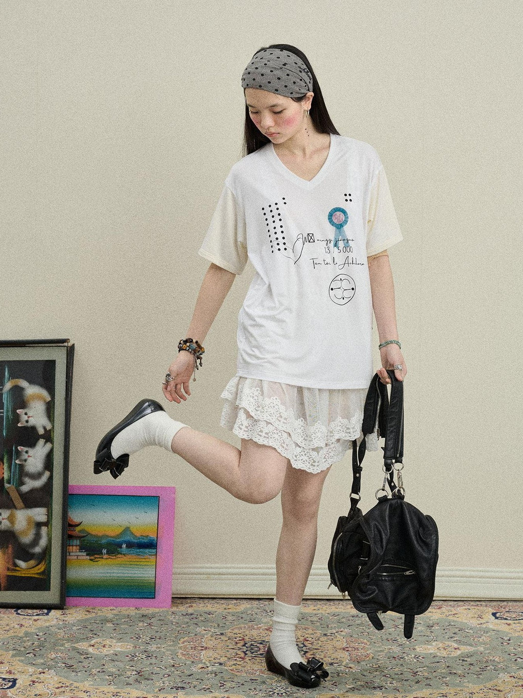 Achihara Rock Star Print V-neck Loose Women'S Lyocell Short Sleeve T-Shirts