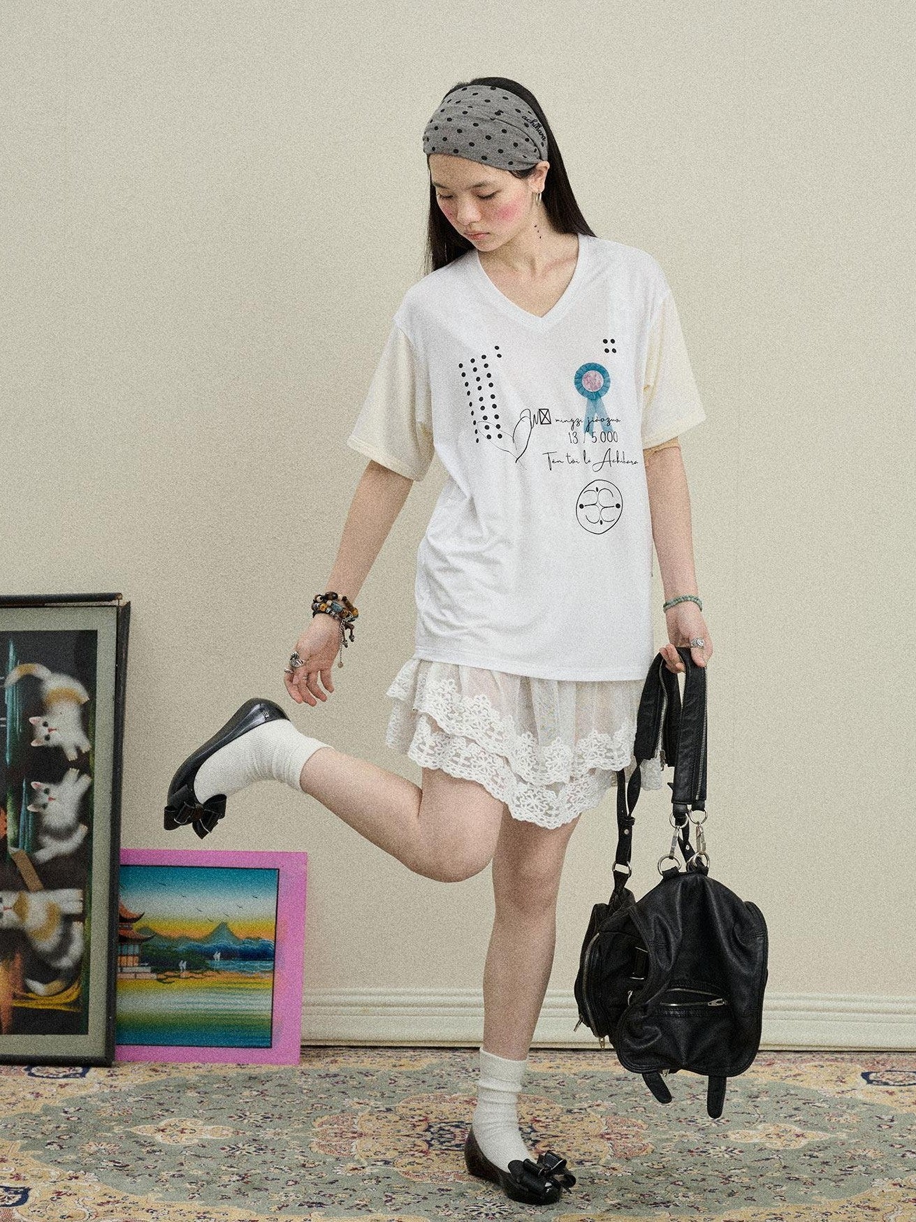 Achihara Rock Star Print V-neck Loose Women'S Lyocell Short Sleeve T-Shirts