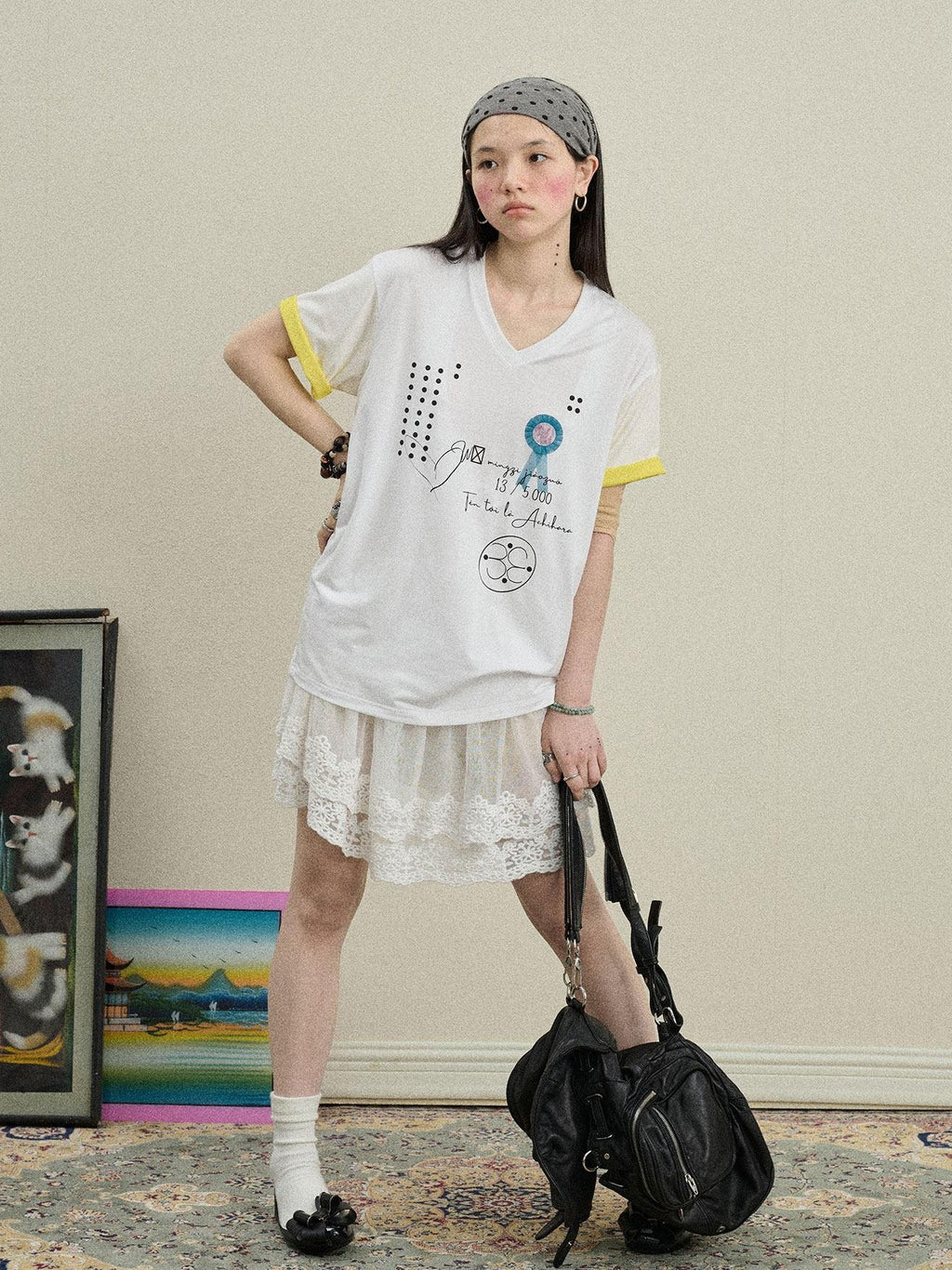 Achihara Rock Star Print V-neck Loose Women'S Lyocell Short Sleeve T-Shirts