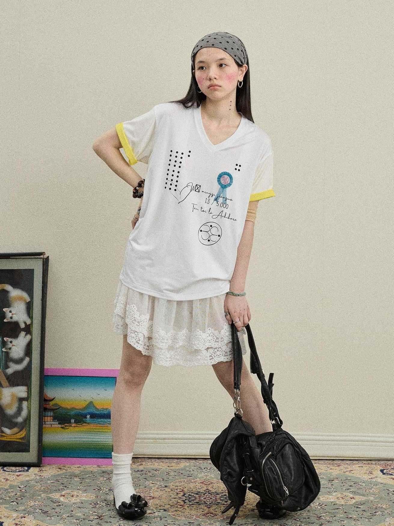 Achihara Rock Star Print V-neck Loose Women'S Lyocell Short Sleeve T-Shirts