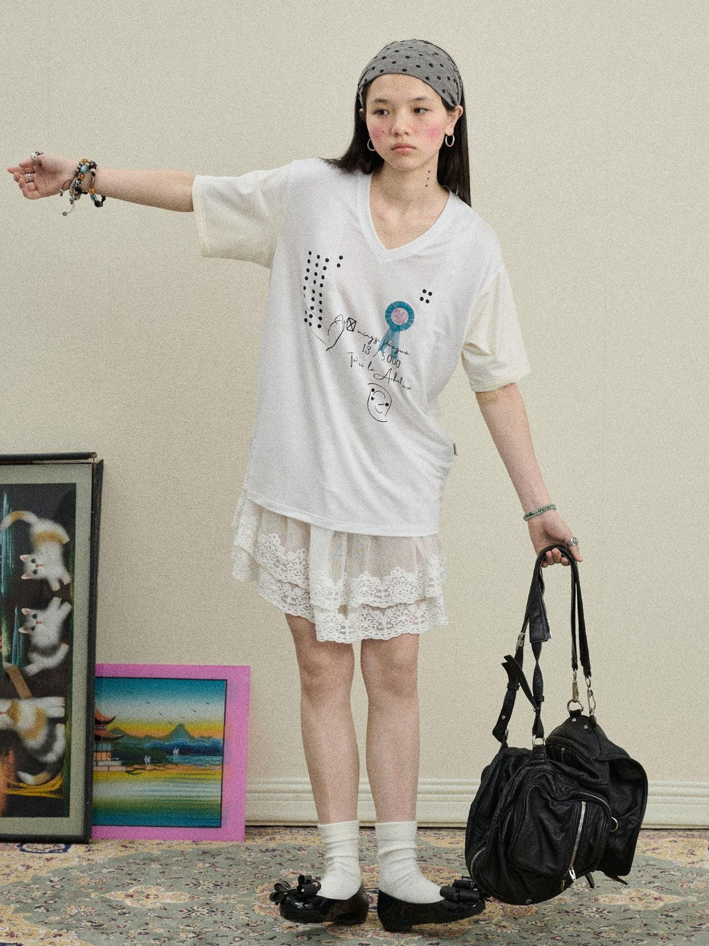Achihara Rock Star Print V-neck Loose Women'S Lyocell Short Sleeve T-Shirts