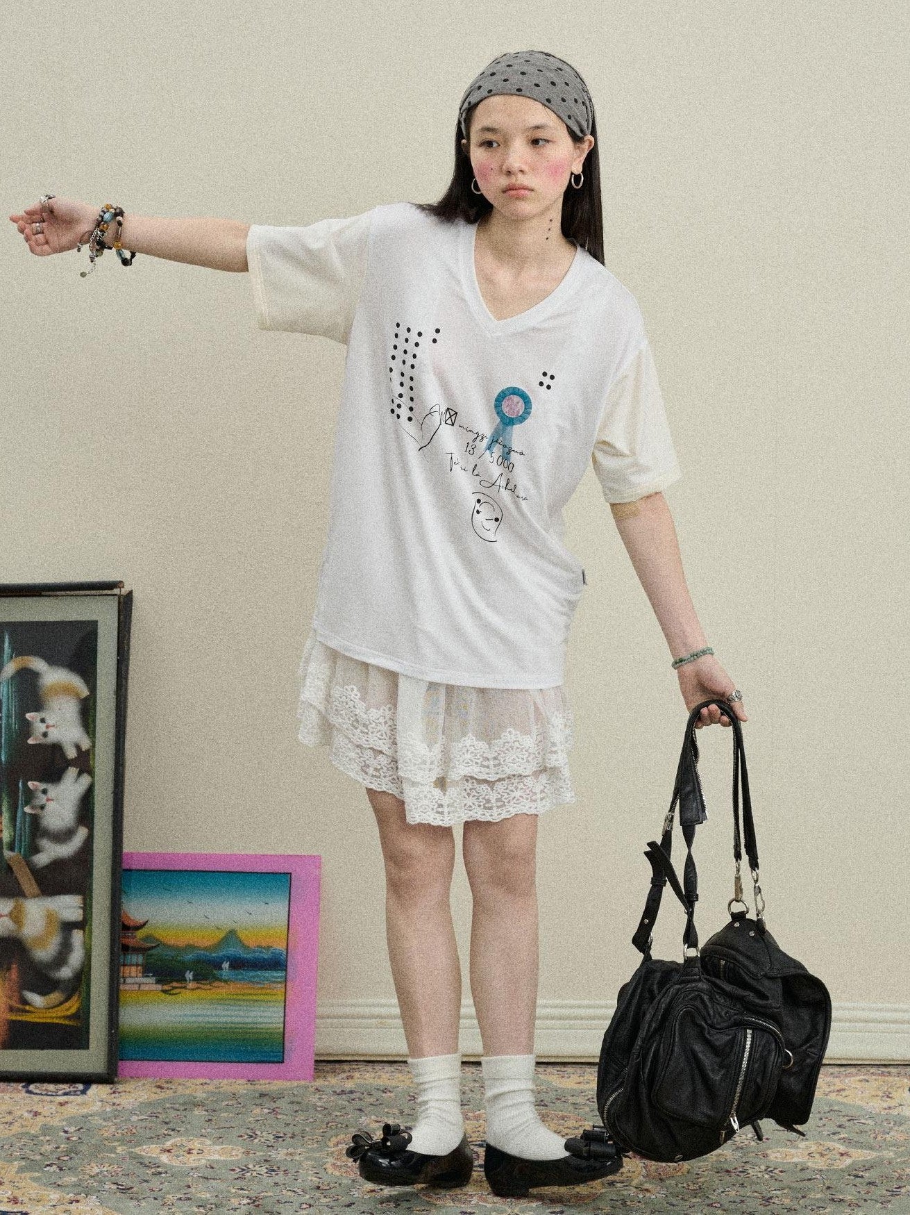 Achihara Rock Star Print V-neck Loose Women'S Lyocell Short Sleeve T-Shirts