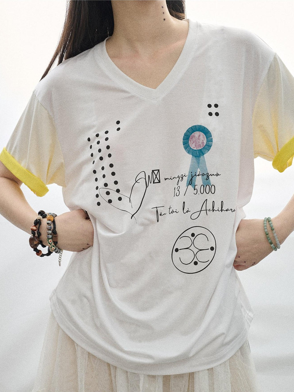 Achihara Rock Star Print V-neck Loose Women'S Lyocell Short Sleeve T-Shirts