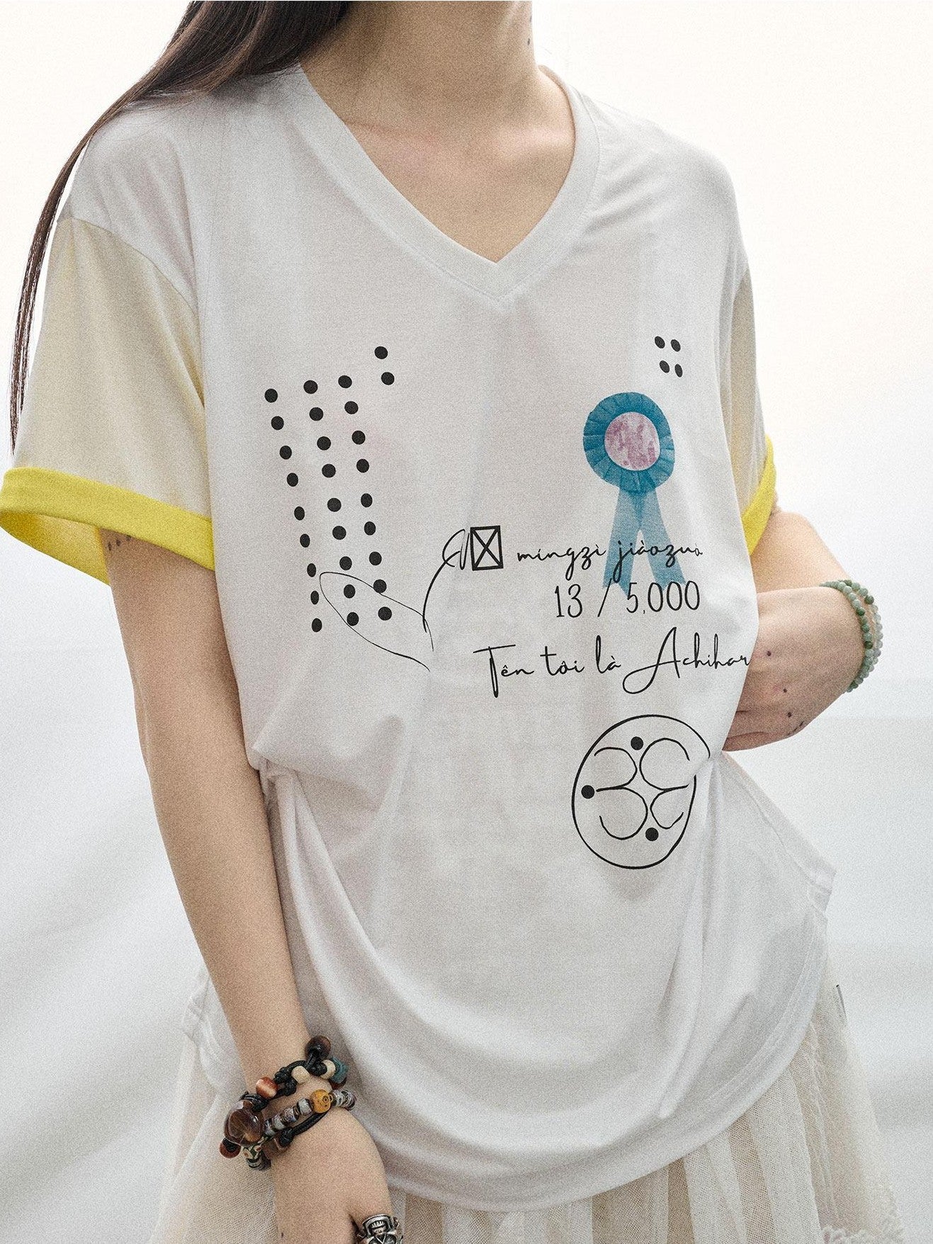 Achihara Rock Star Print V-neck Loose Women'S Lyocell Short Sleeve T-Shirts