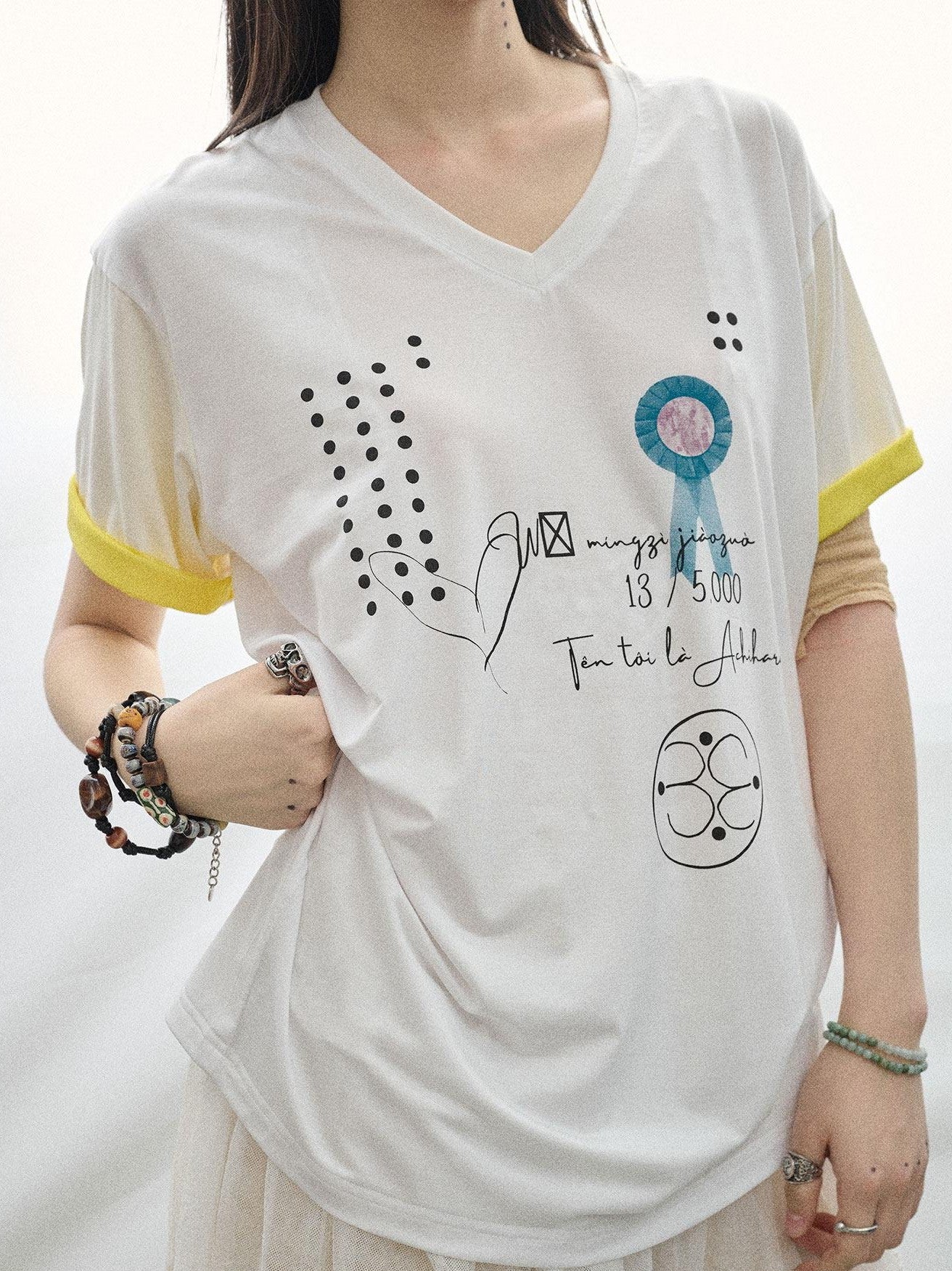 Achihara Rock Star Print V-neck Loose Women'S Lyocell Short Sleeve T-Shirts