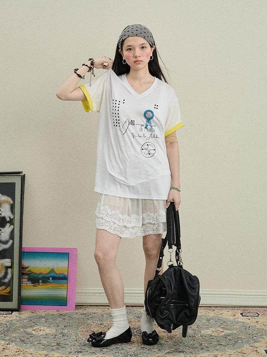 Achihara Rock Star Print V-neck Loose Women'S Lyocell Short Sleeve T-Shirts