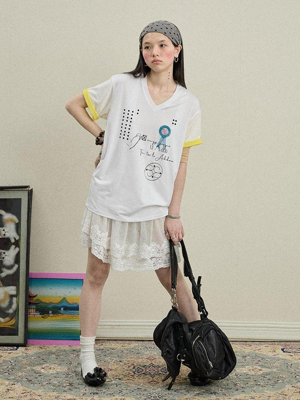 Achihara Rock Star Print V-neck Loose Women'S Lyocell Short Sleeve T-Shirts