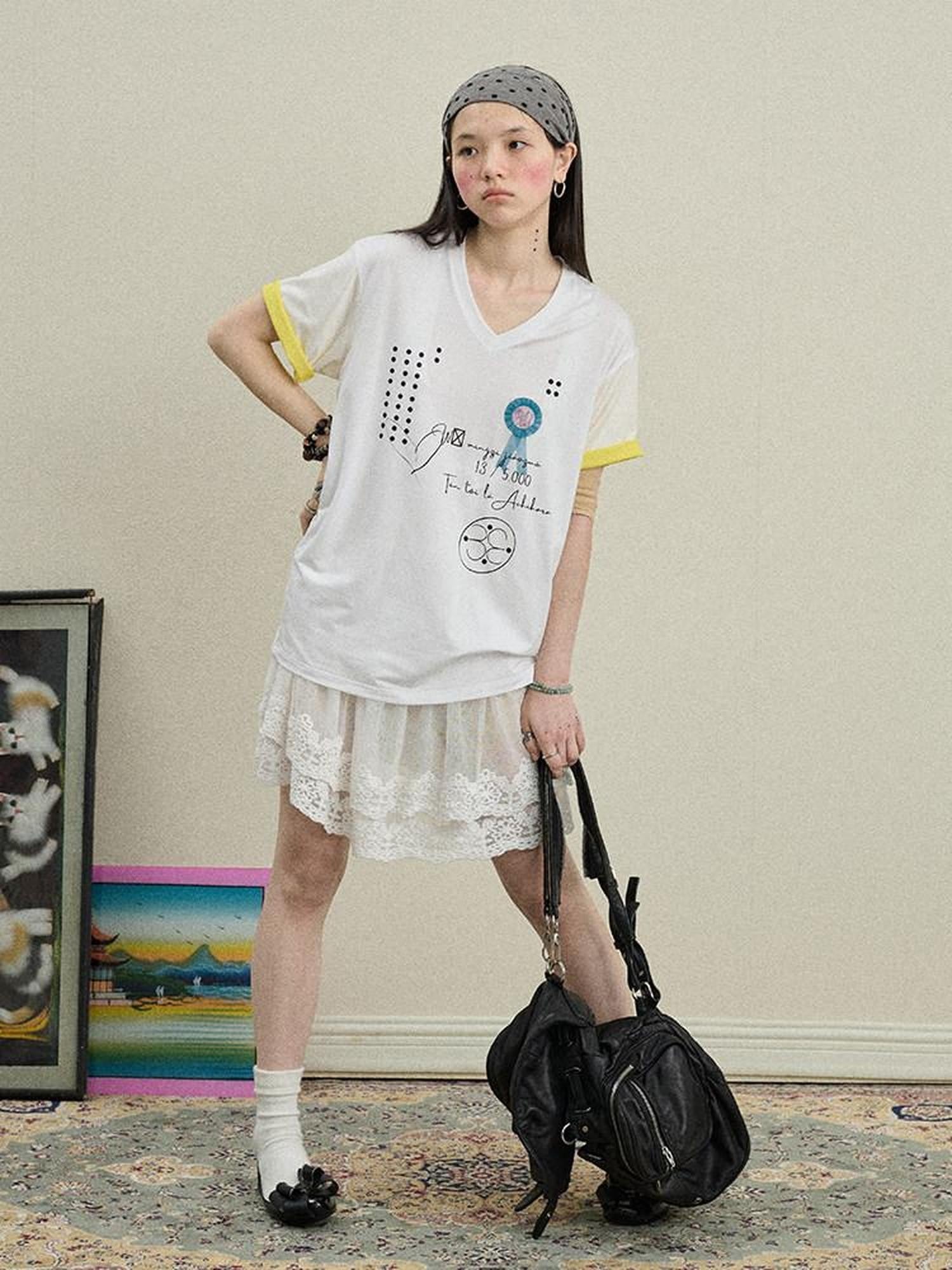Achihara Rock Star Print V-neck Loose Women'S Lyocell Short Sleeve T-Shirts