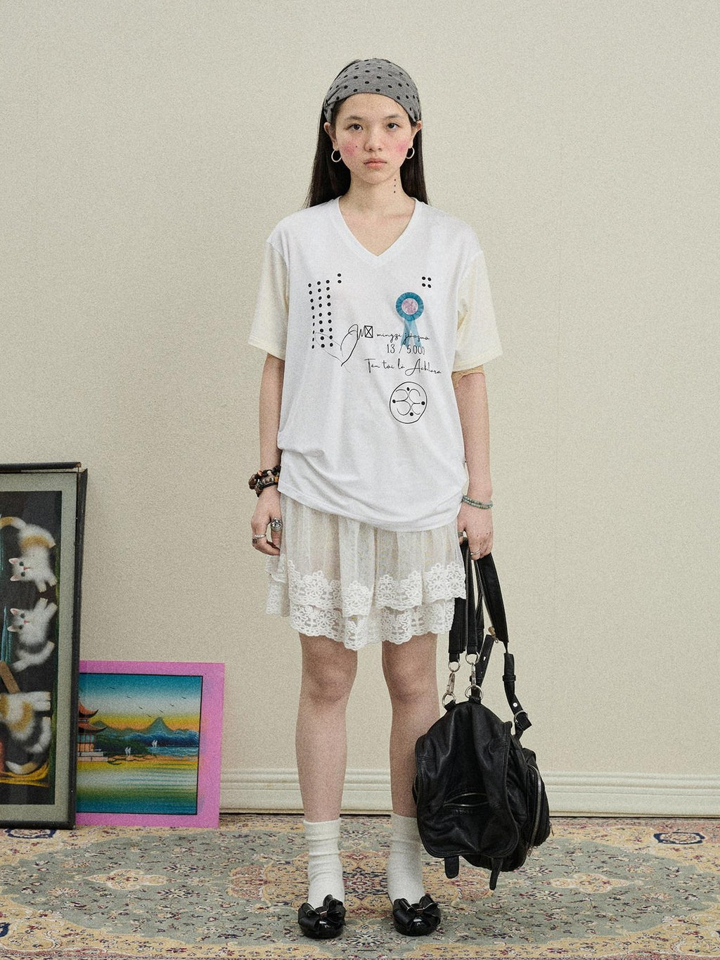 Achihara Rock Star Print V-neck Loose Women'S Lyocell Short Sleeve T-Shirts