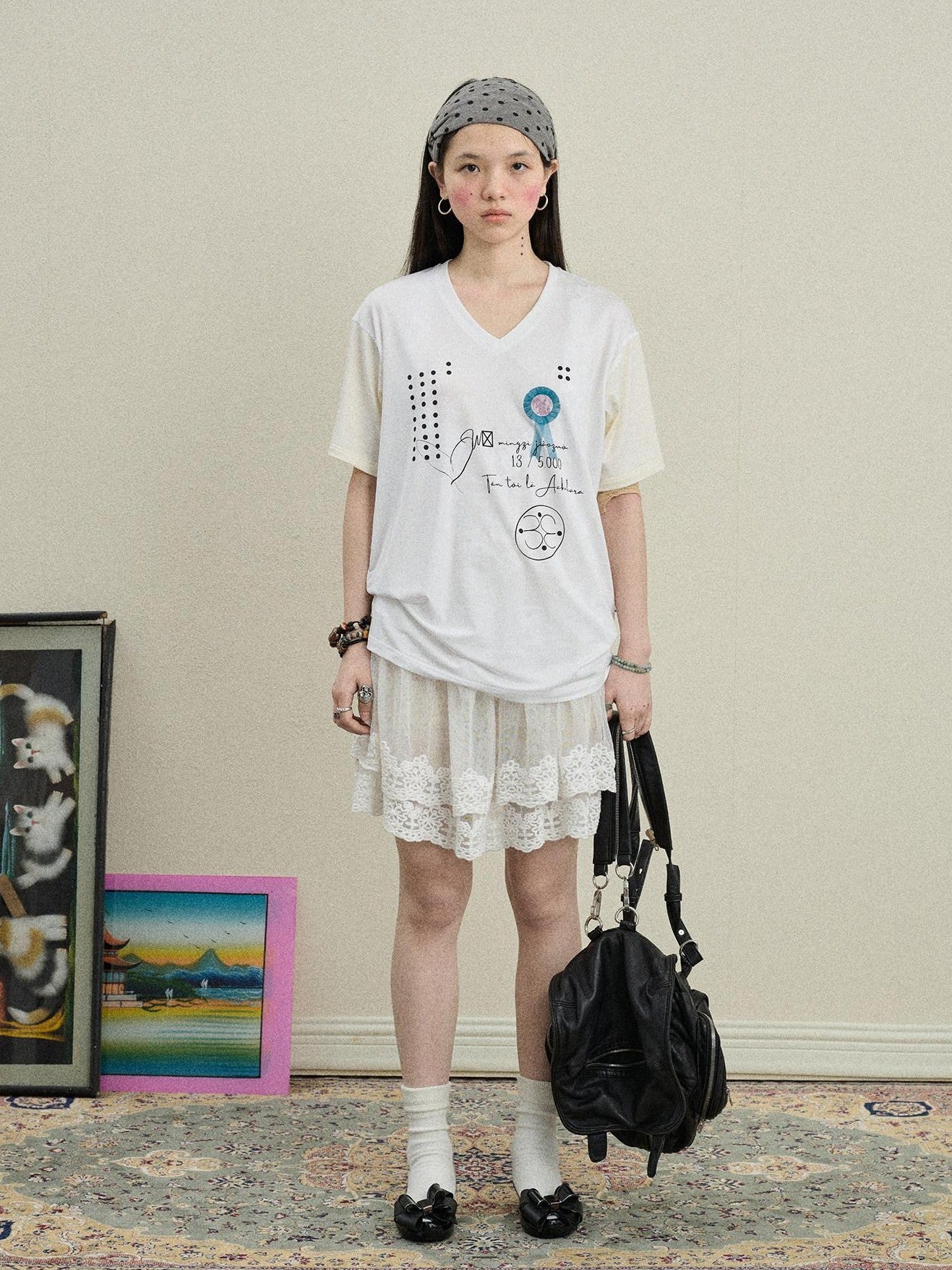 Achihara Rock Star Print V-neck Loose Women'S Lyocell Short Sleeve T-Shirts