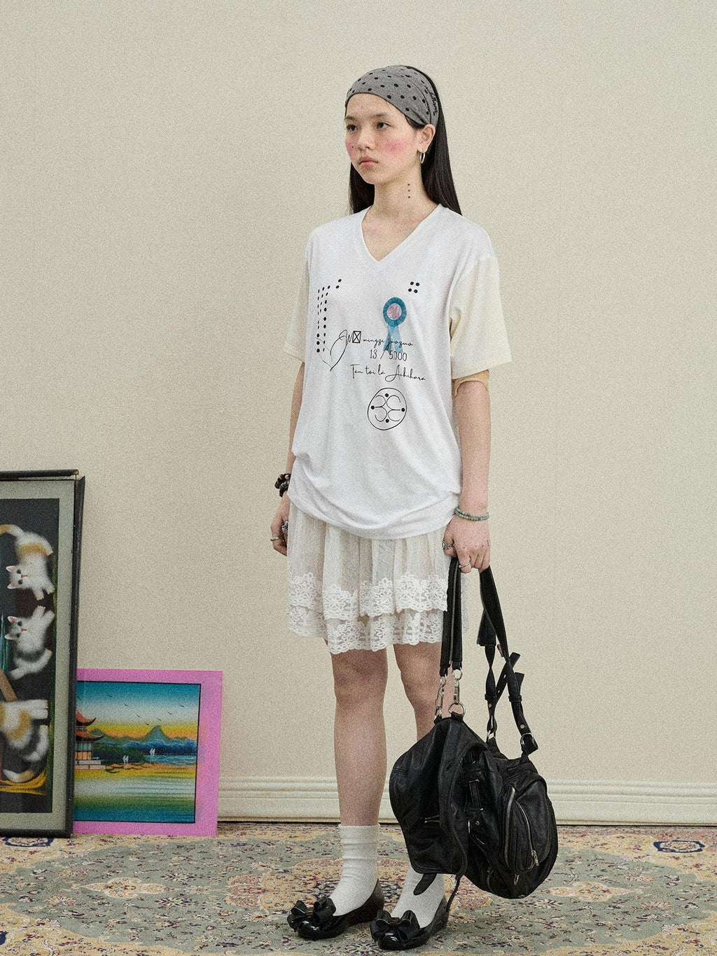 Achihara Rock Star Print V-neck Loose Women'S Lyocell Short Sleeve T-Shirts