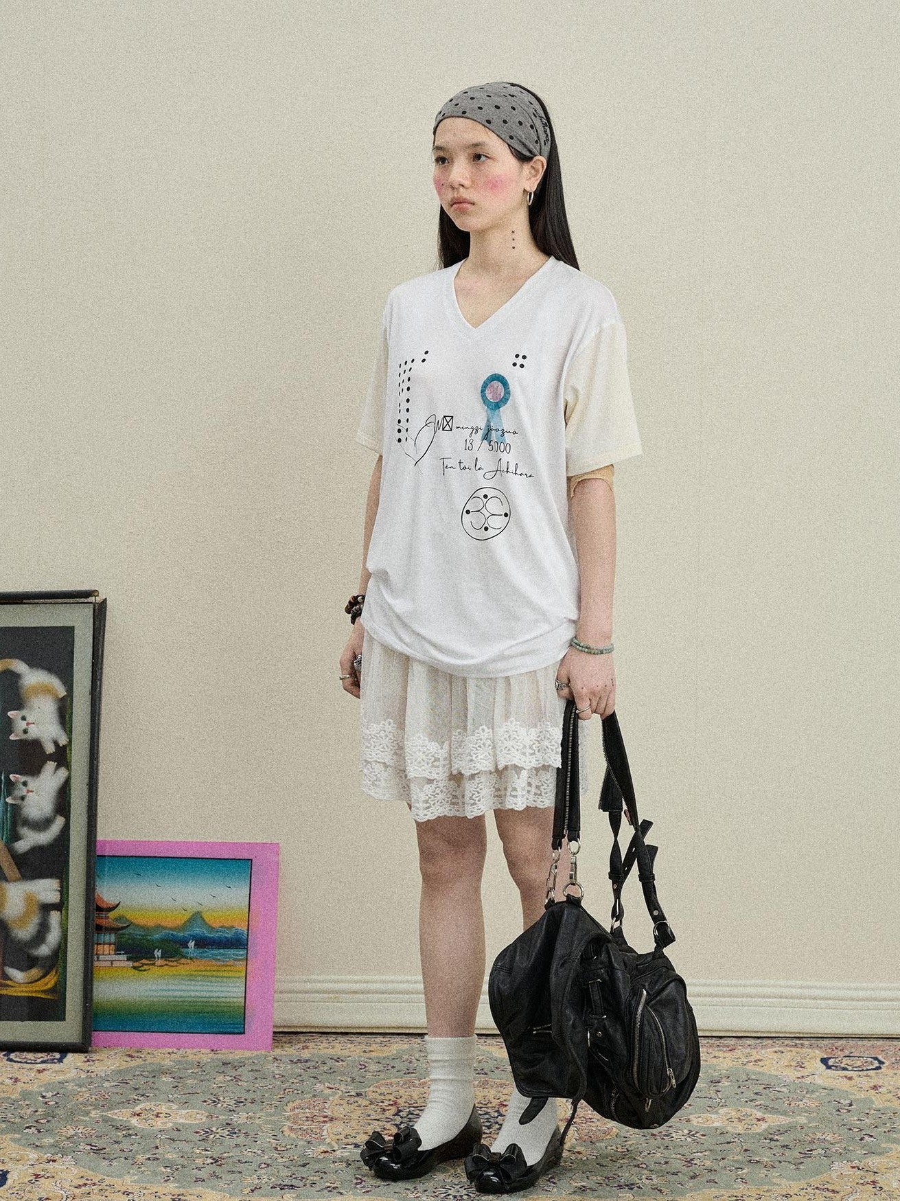 Achihara Rock Star Print V-neck Loose Women'S Lyocell Short Sleeve T-Shirts