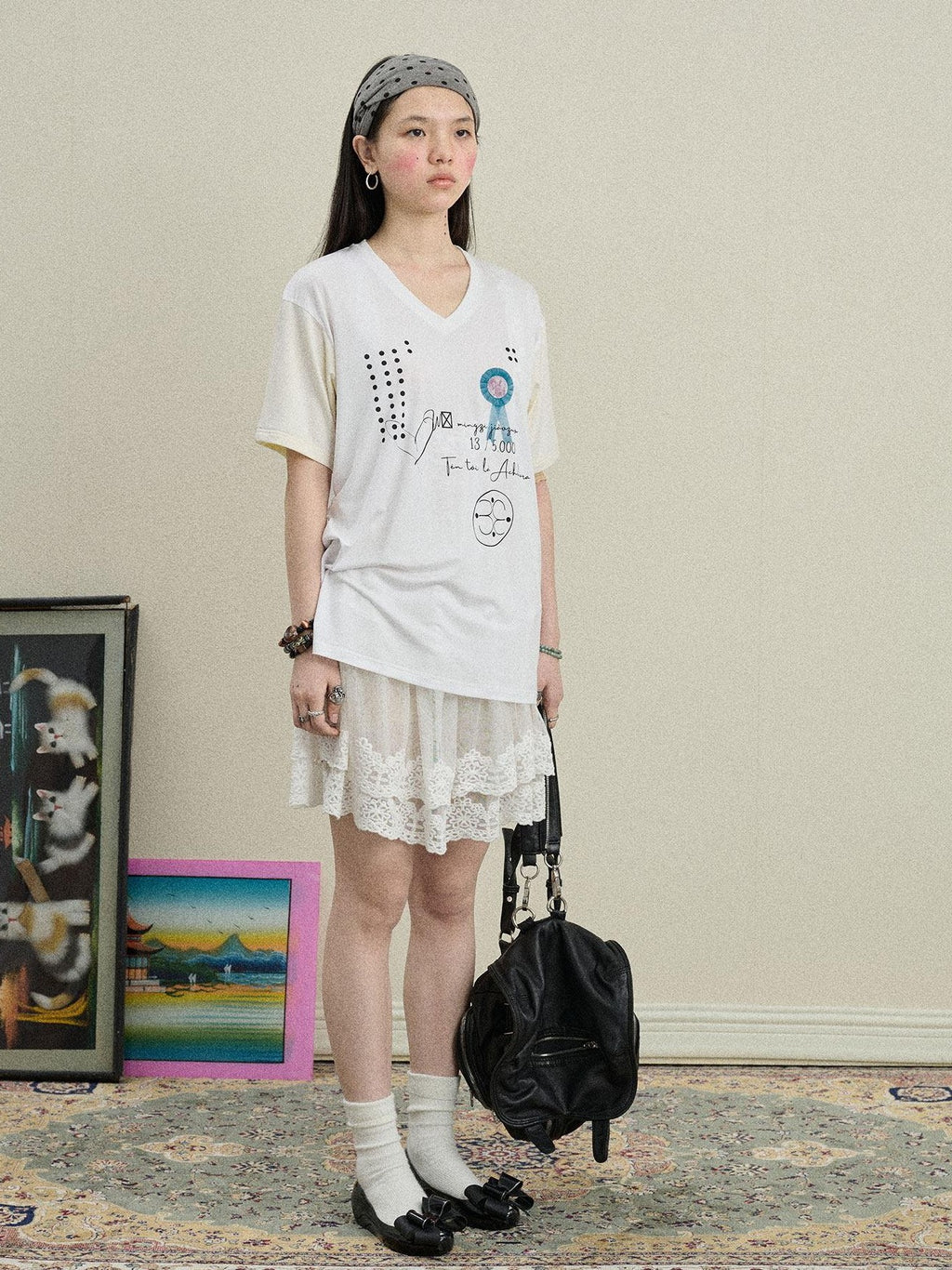 Achihara Rock Star Print V-neck Loose Women'S Lyocell Short Sleeve T-Shirts